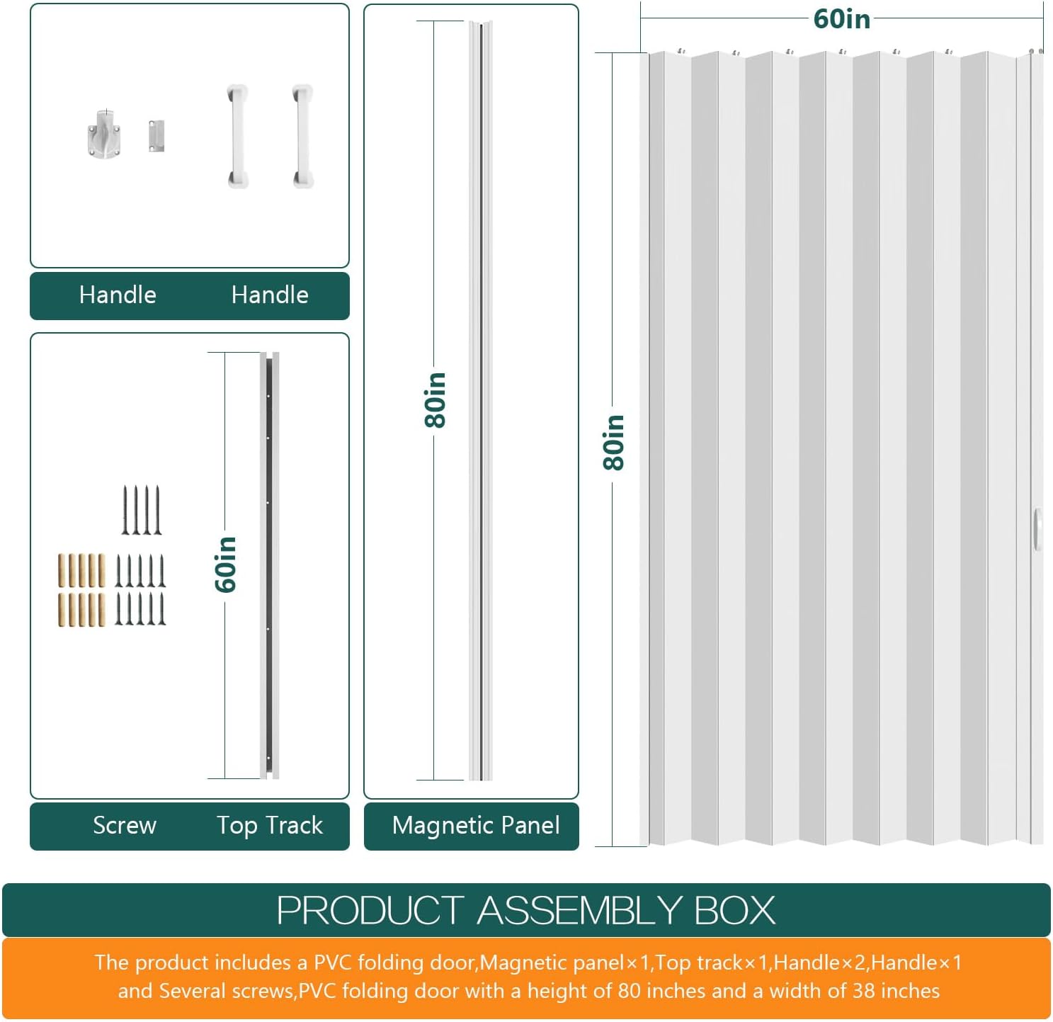 60×80in PVC Internal Accordion Folding Door, Multifold Sliding Door for Closet, White in Color, with Installation Hardware; Handle; Latch.