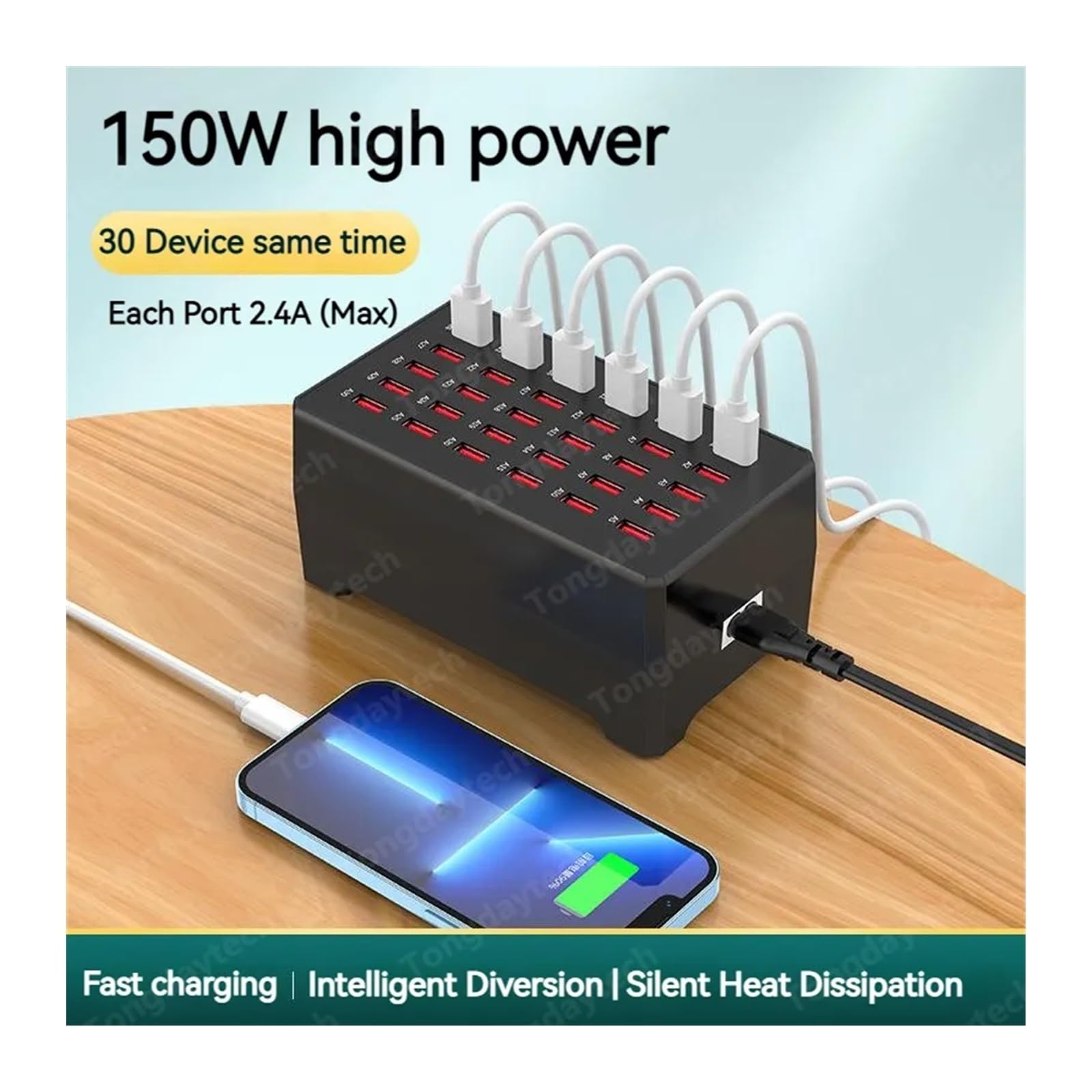 Chargeur Rapide Multi USB 150W, indicateur LED, 30 Ports 2,4 a, Chargement for Smartphone et Tablette Compatibilité Universelle