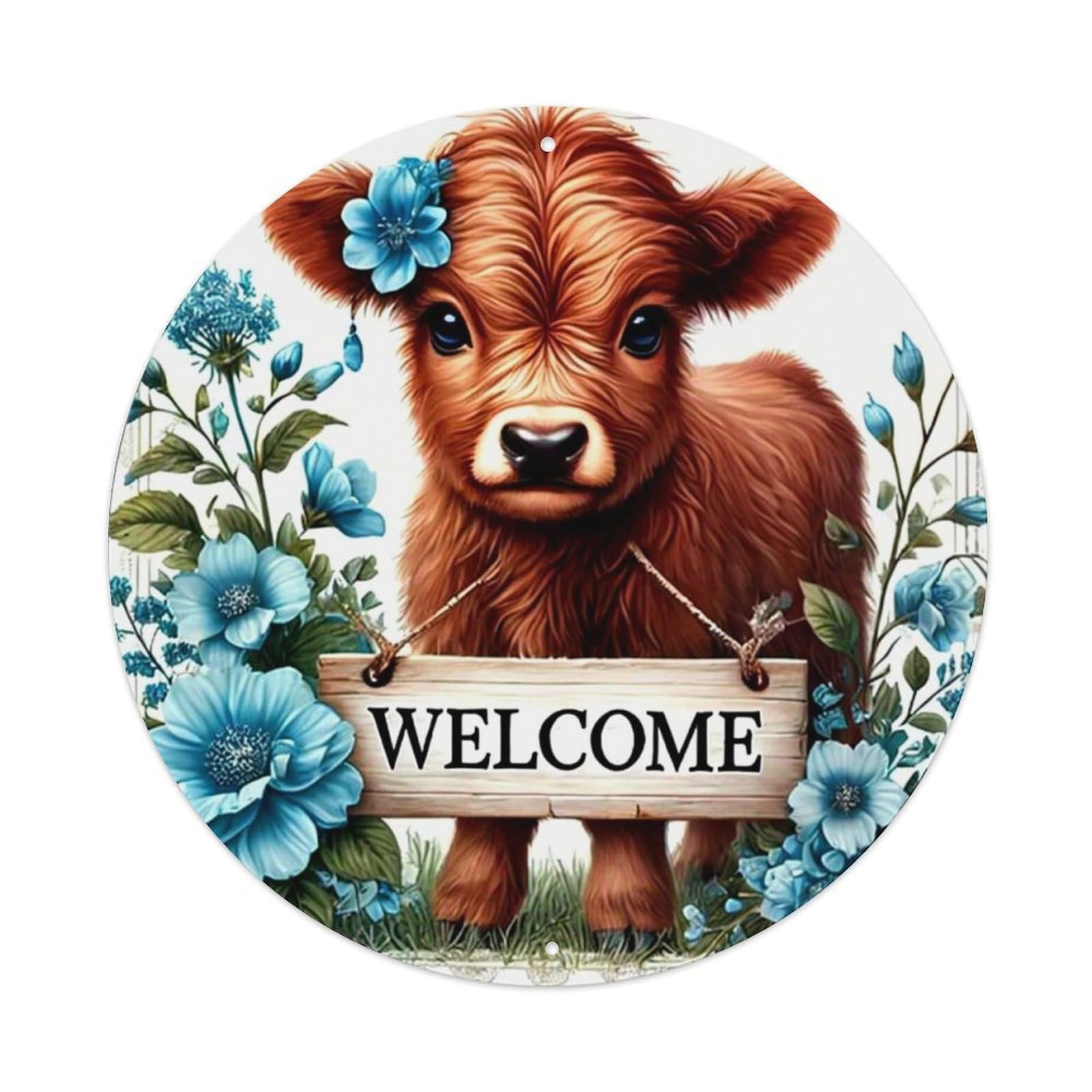 Calf With Blue Flowers Welcome Vintage Metal Tin Sign Retro Wall Decor for Home Bar Garage Cafe, Indoor & Outdoor Decorative，circle Metal Poster, 8x8 Inch