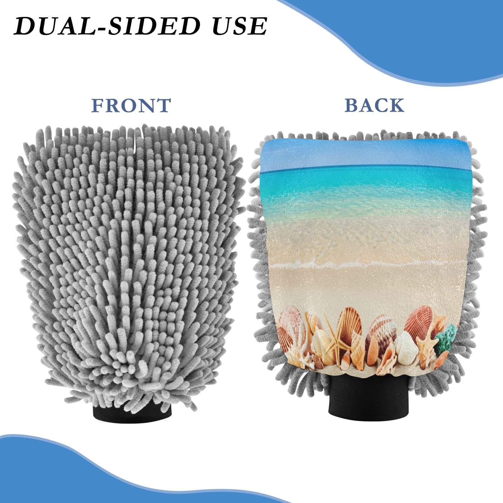 Kigai Blue Ocean and Seashells Car Wash Mitt Microfiber, 2Pcs Scratch Free Lint-Free, Premium Chenille Microfiber Mitt Car Wash Brush-M