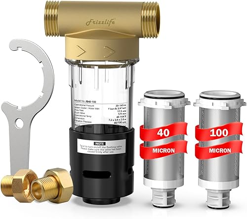 Frizzlife Filtro de sedimentos giratorio de 40 y 100 micrones con raspador integrado, prefiltro reutilizable para toda la casa para agua