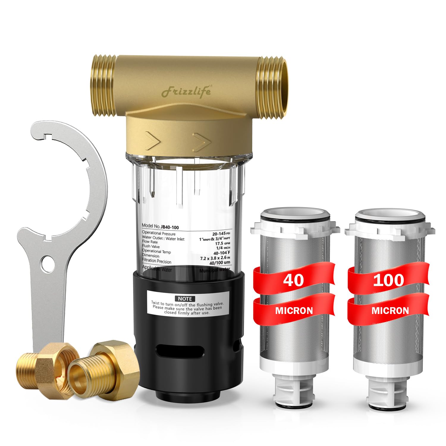 Frizzlife 40&100 Micron Spin Down Sediment Filter with Built-in Scraper, Reusable Whole House Pre-Filter for City/Well Water, Washing Machine, Flushable Filtration, 1"&3/4" NPT, BPA Free, JB40-100