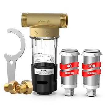 Frizzlife 40&100 Micron Spin Down Sediment Filter with Built-in Scraper, Reusable Whole House Pre-Filter for City/Well Water, Washing Machine, Flushable Filtration, BPA Free, 1"&3/4" NPT, JB40-100