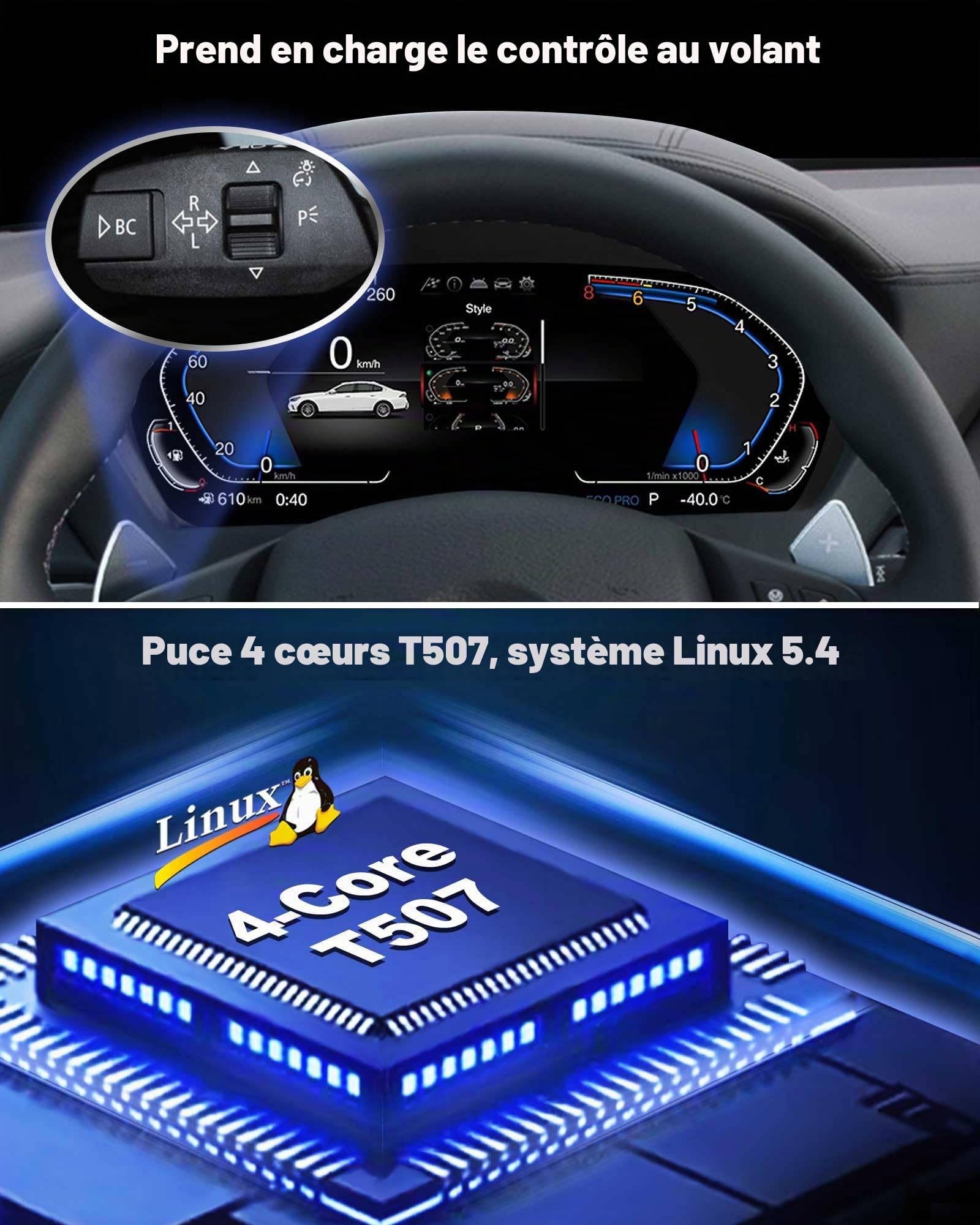 12.3" Tableau de Bord Numérique LCD pour BMW Série 5 E60 E61 X5 E70 X6 E71 avec CCC/CiC Système, écran HD T507 Quad-core, Prend en Charge TPMS, Température d’Huile et Commandes au Volant, 7-UI