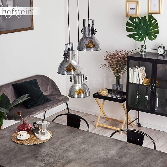 hofstein Hanglamp Hora, 3-lamps hanglamp van staal in zwart/zilver met houtlook, vintage plafondlamp, 3 x E27 fitting, exclusief lampen photo 3