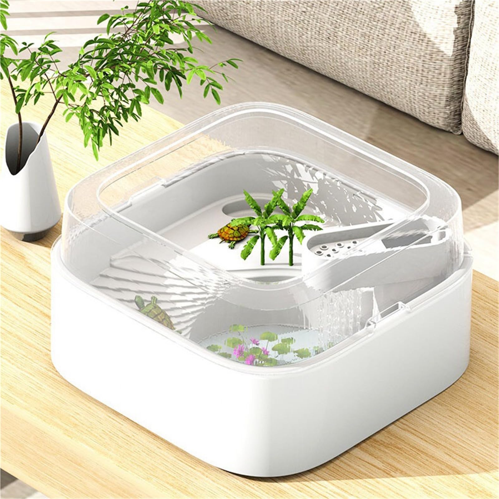 Siedlisko terrarium Kwadratowy zbiornik do karmienia żółwi i proste gospodarstwo domowe z platformą suszenia na słońcu filtrem Terrarium akwariowe(Średni)