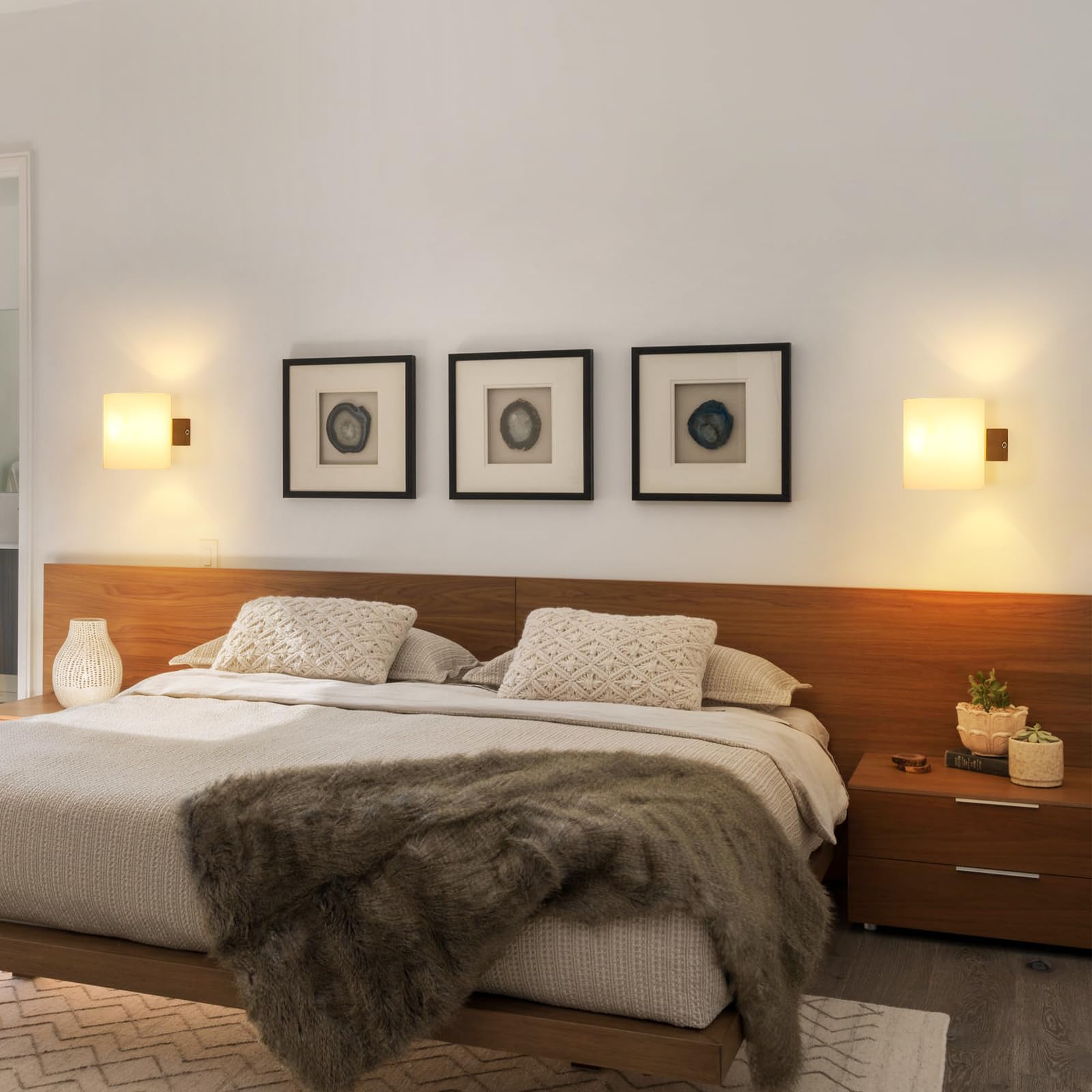 Mckalen Wandlamp Binnen Hout, Vintage E27 Wandlamp Hout met Wit Glas Lampenschirm, Creative Up Down Binnen Wandverlichting voor Woonkamer Slaapkamer