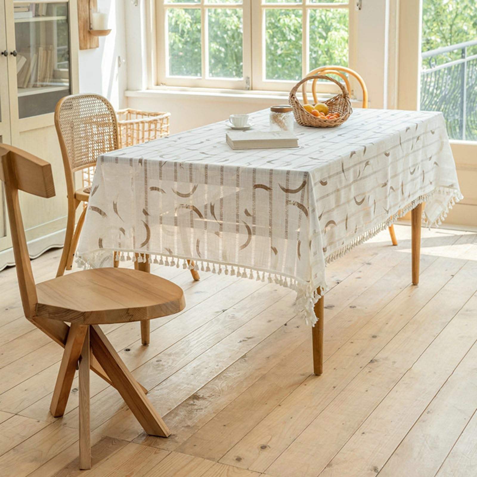 Mantel Mesa Cocina, 140 x 220 cm, Marrón, Rectangular, Mantel Poliéster Rayas Jacquard con Borlas