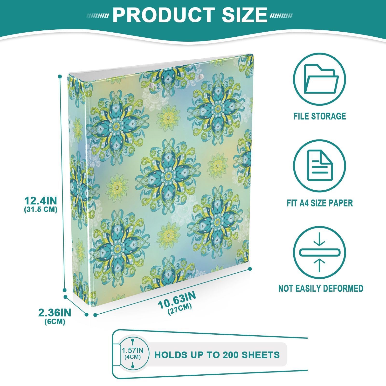 Raccoglitori a 3 anelli, 3,8 cm, motivo mandala, rotondi, decorativi, con clip in metallo, formato A4, organizer per casa e ufficio, confezione da 2