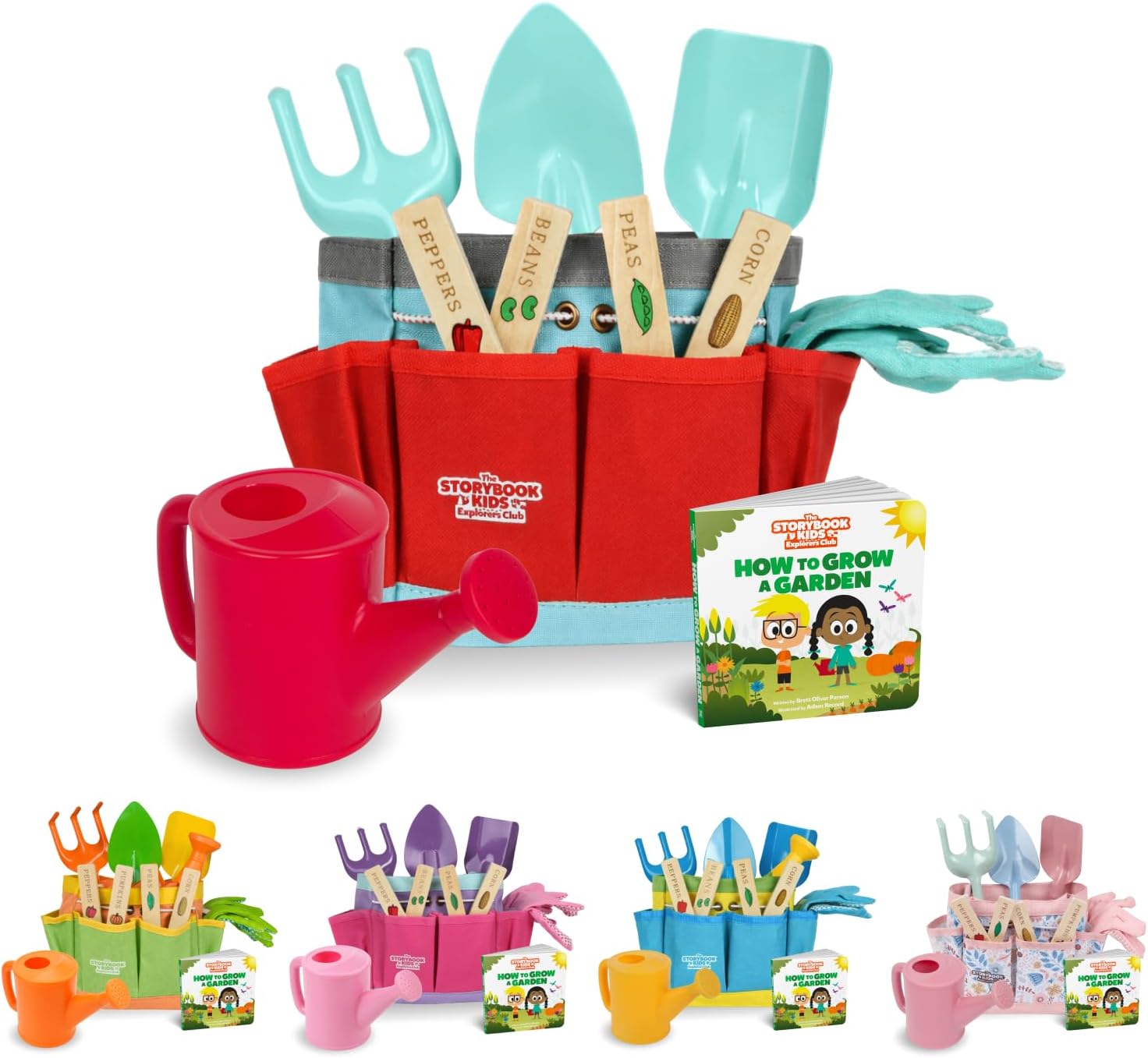 Kids Gardening Set โ Toddler Gardening Kit Includes Watering Can for Kids, Shovel, Rake, Plant Stakes, Kids Gardening Gloves, Tote Bag & STEM Learning Gardening Guide Book - Garden Tool Set RED