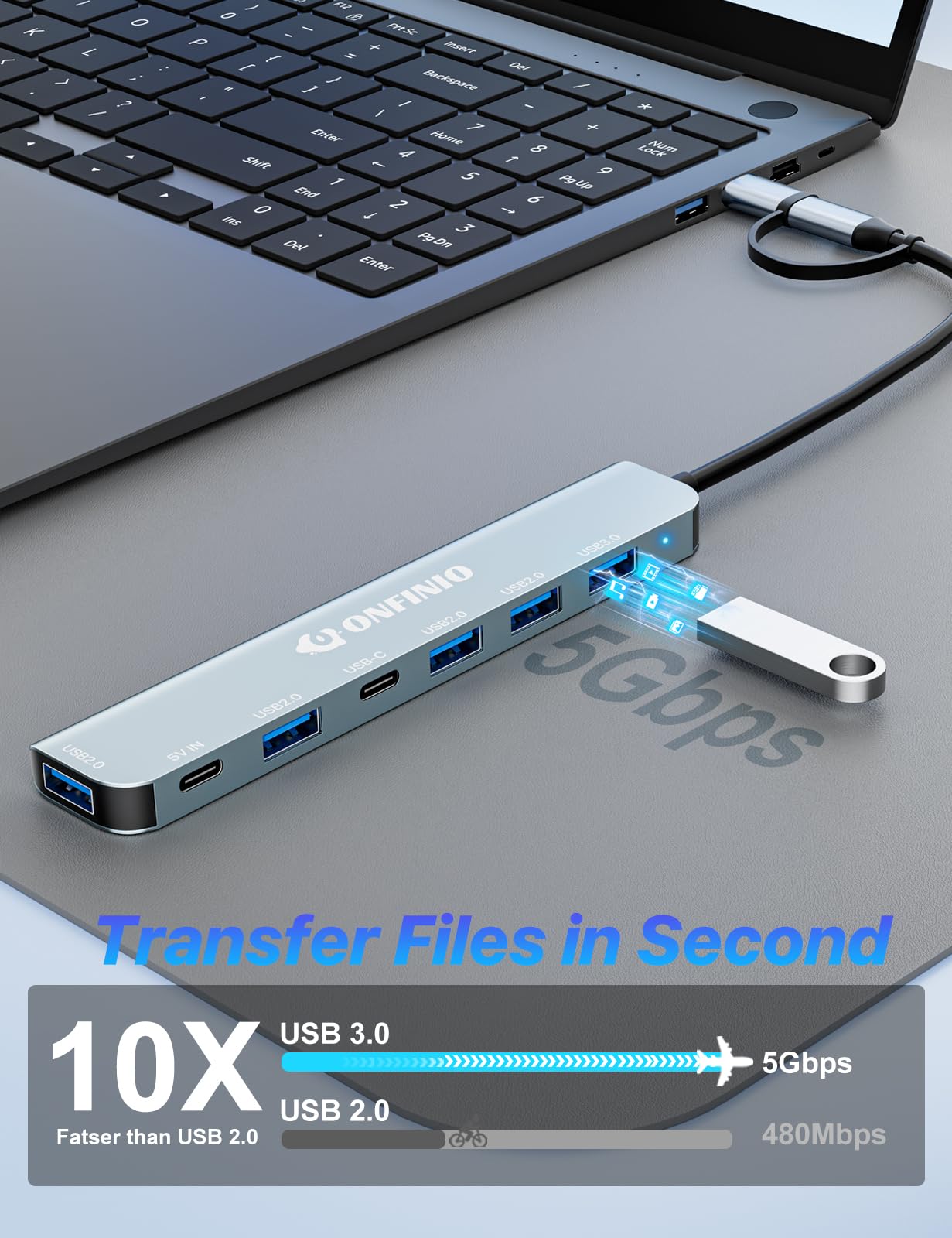 ONFINIO Hub USB C Hub wieloportowy adapter, 7 w 1 aluminiowy koncentrator USB 3.0 z 1 * USB 3.0, 4 x USB 2.0, 1 x USB C i 1 x port zasilania 5 IN do PC/laptopa/MacBooka/iPada Pro i innych urządzeń