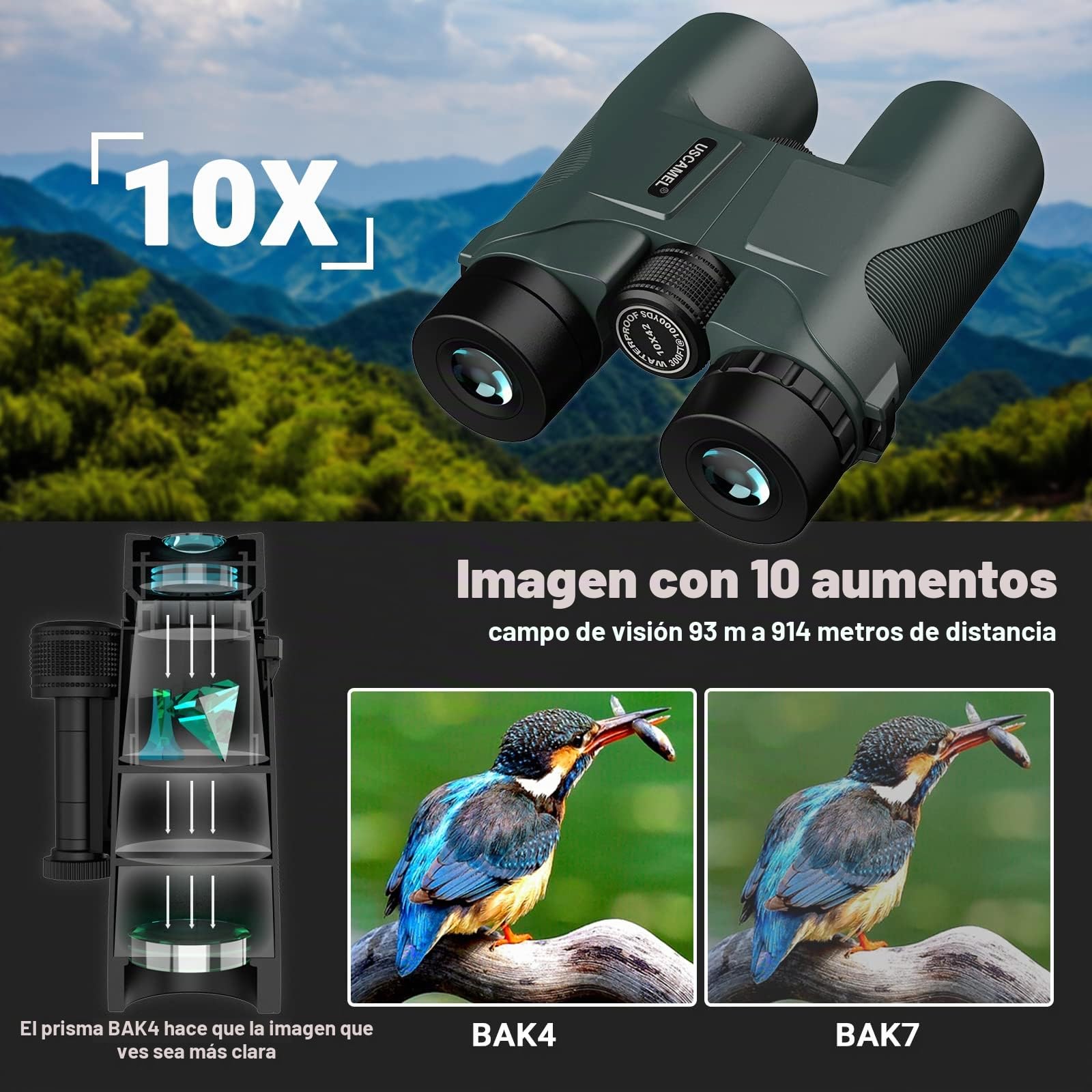 USCAMEL Prismáticos 10x42, de Gran Diámetro Resistentes al Agua, con Cuerpo de Espejo metálico, Película Verde, Alta Definición y Gran Potencia