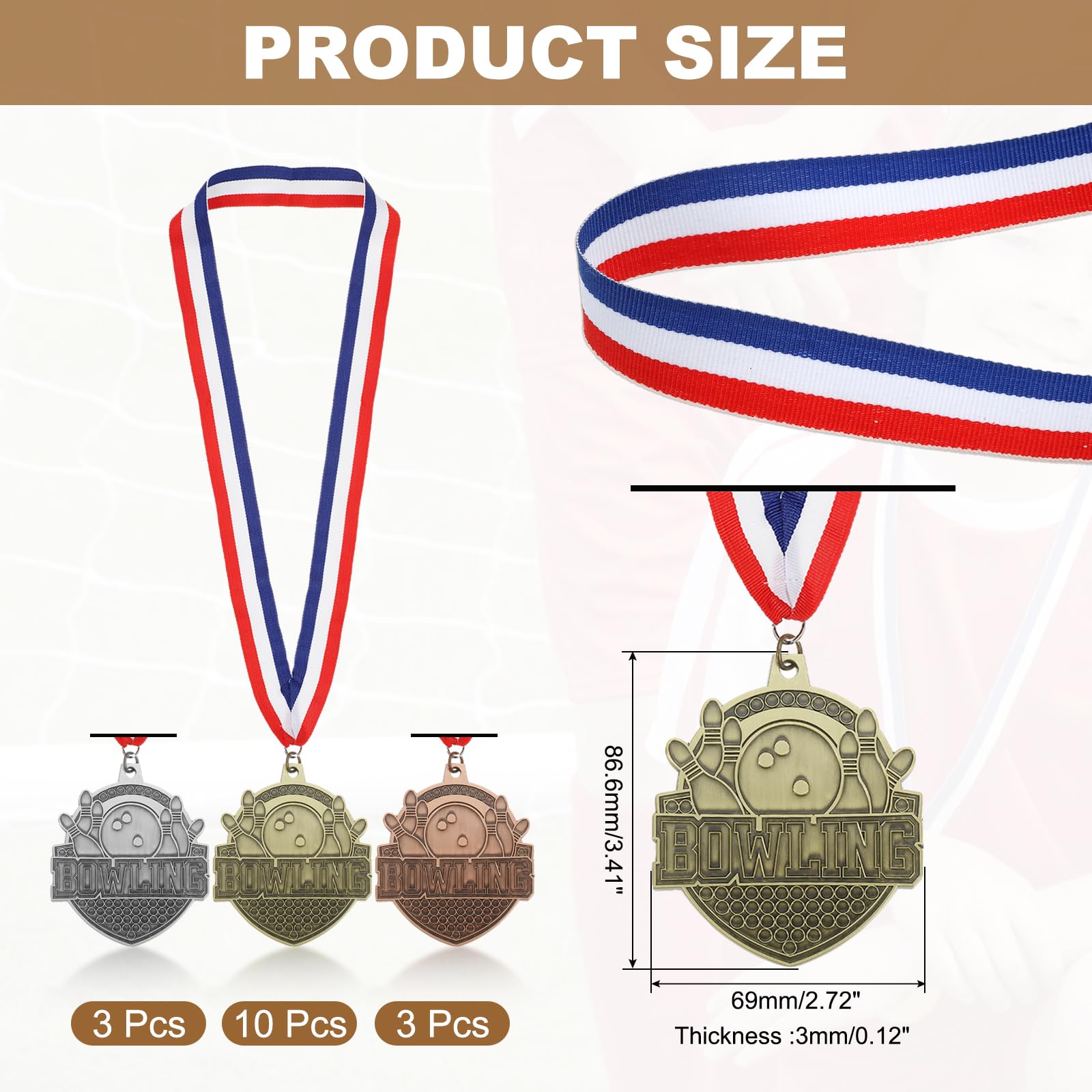 PATIKIL Medaglie d'oro Argento Bronzo per Giochi Bowling con Nastri Rosso & Bianco & Blu, Medaglia di Bowlingo 9Pz Medaglie Vincitore Premi Competizioni Oro/Argento/Rosso