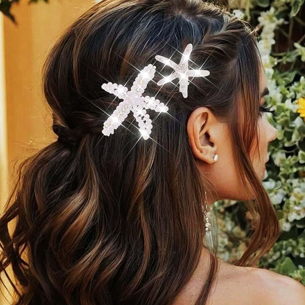 Reaky Starfish Hair Clips Mermaid Hair Clip 3 Pcs Pearl Clips Rhinestone Hair Accessories for Women (Silver) - Image 3