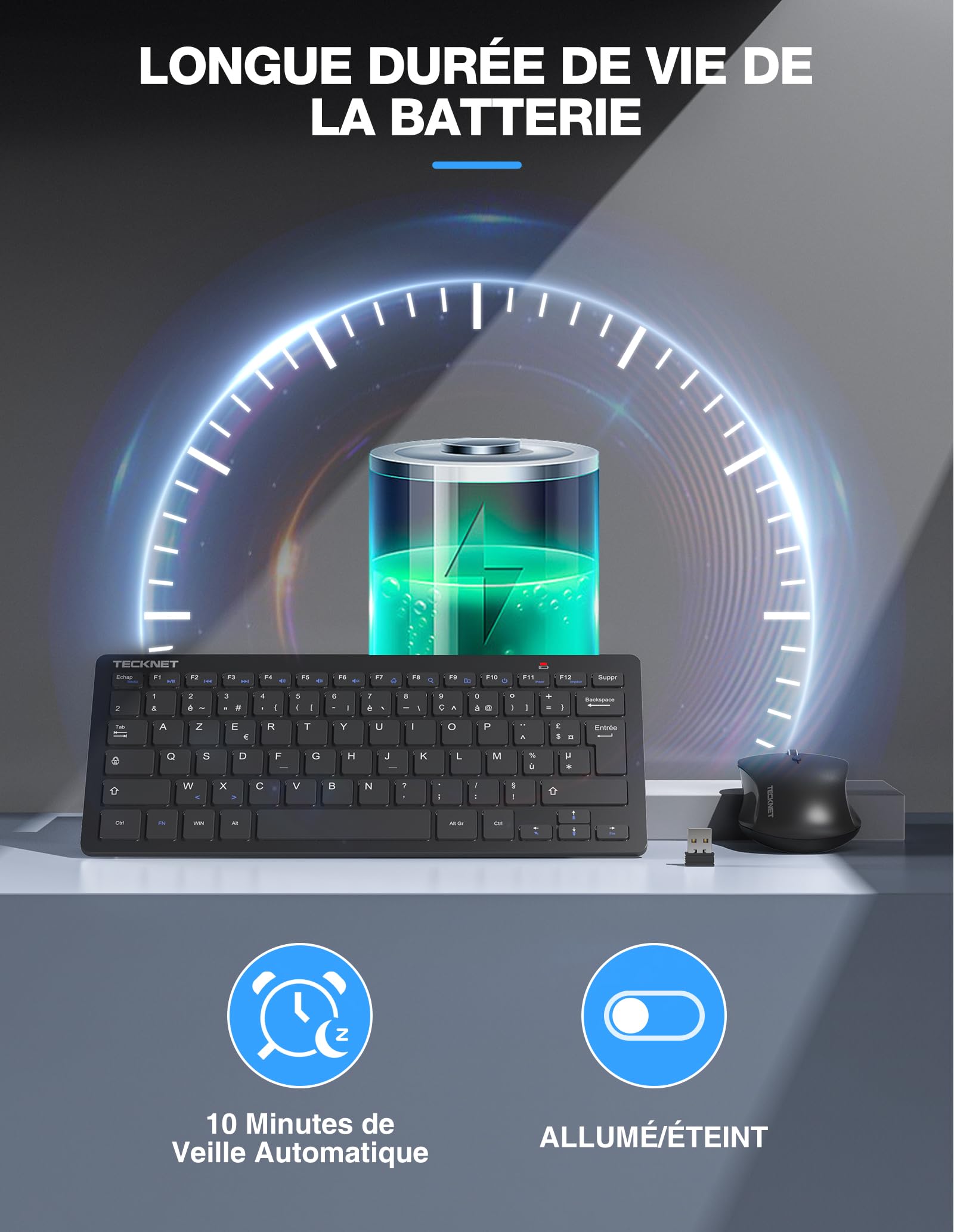 TECKNET Clavier et Souris sans Fil, 2,4 G Silencieux avec Récepteur Nano USB, France AZERTY, 12 Raccourcis Multimédia pour Ordinateur, PC, Ordinateur Portable, Ordinateur de Bureau
