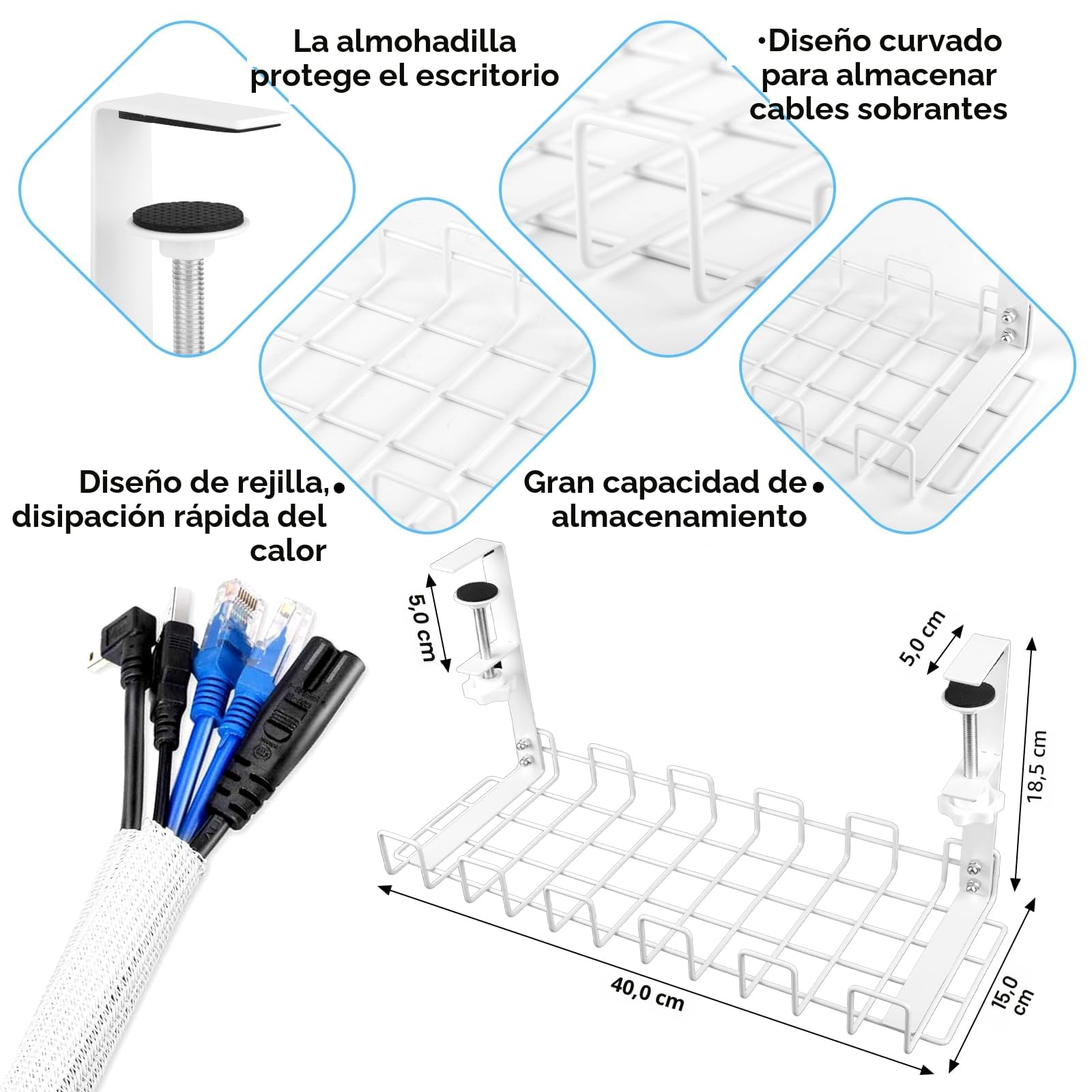 Organizador Cables, Bandeja de Gestión de Cables Cable Management, Organizador Cables Escritorio para Debajo del Escritorio, Cesta de Malla sin Taladrar, Accesorios para Almacenar y Esconder Cables