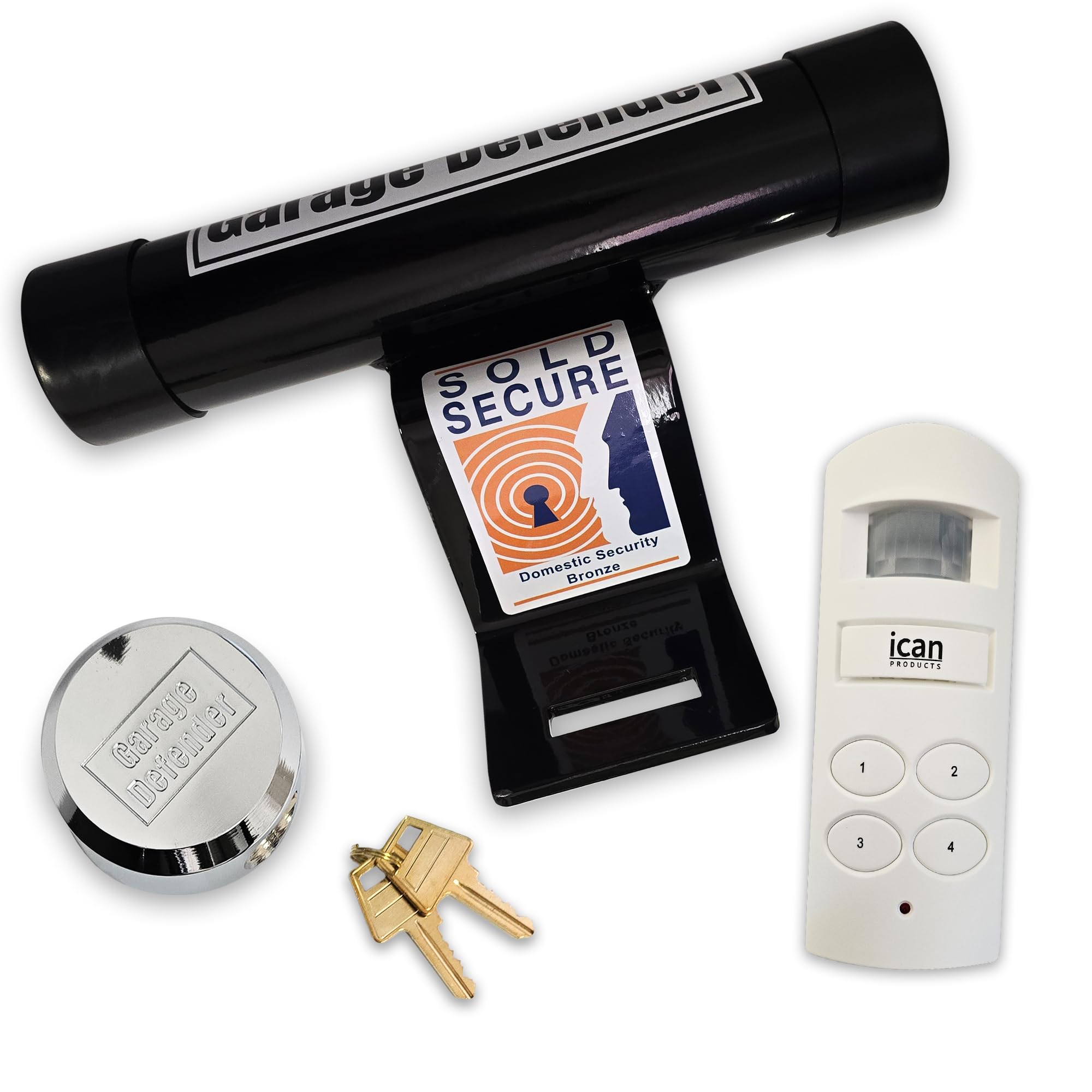 Ican Products Black Ma20 Motion Sensor Alarm & Garage Defender Master Bundle, 130Db Wireless Security Alarm With Flashing Lights And Heavy-Duty Garage Padlock, Complete Security Solution For Garages