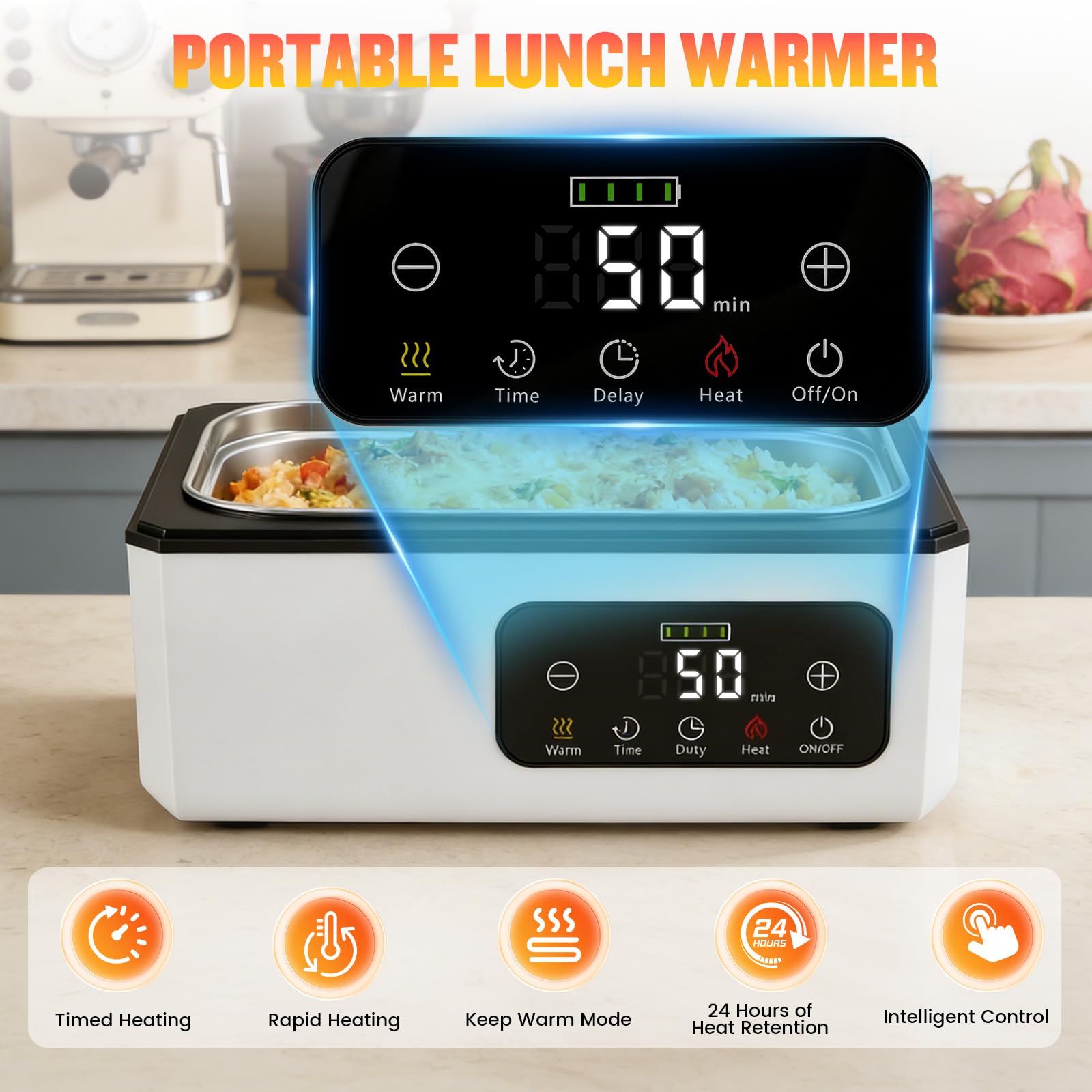 Fiambrera eléctrica inalámbrica con Cubiertos y Bolsa, Recargable por USB, 100W Fiambrera a Prueba de Fugas con batería de 20000 mAh, 1,3 L, Cuenco Calefactor para Viajes, Oficina, Picnic