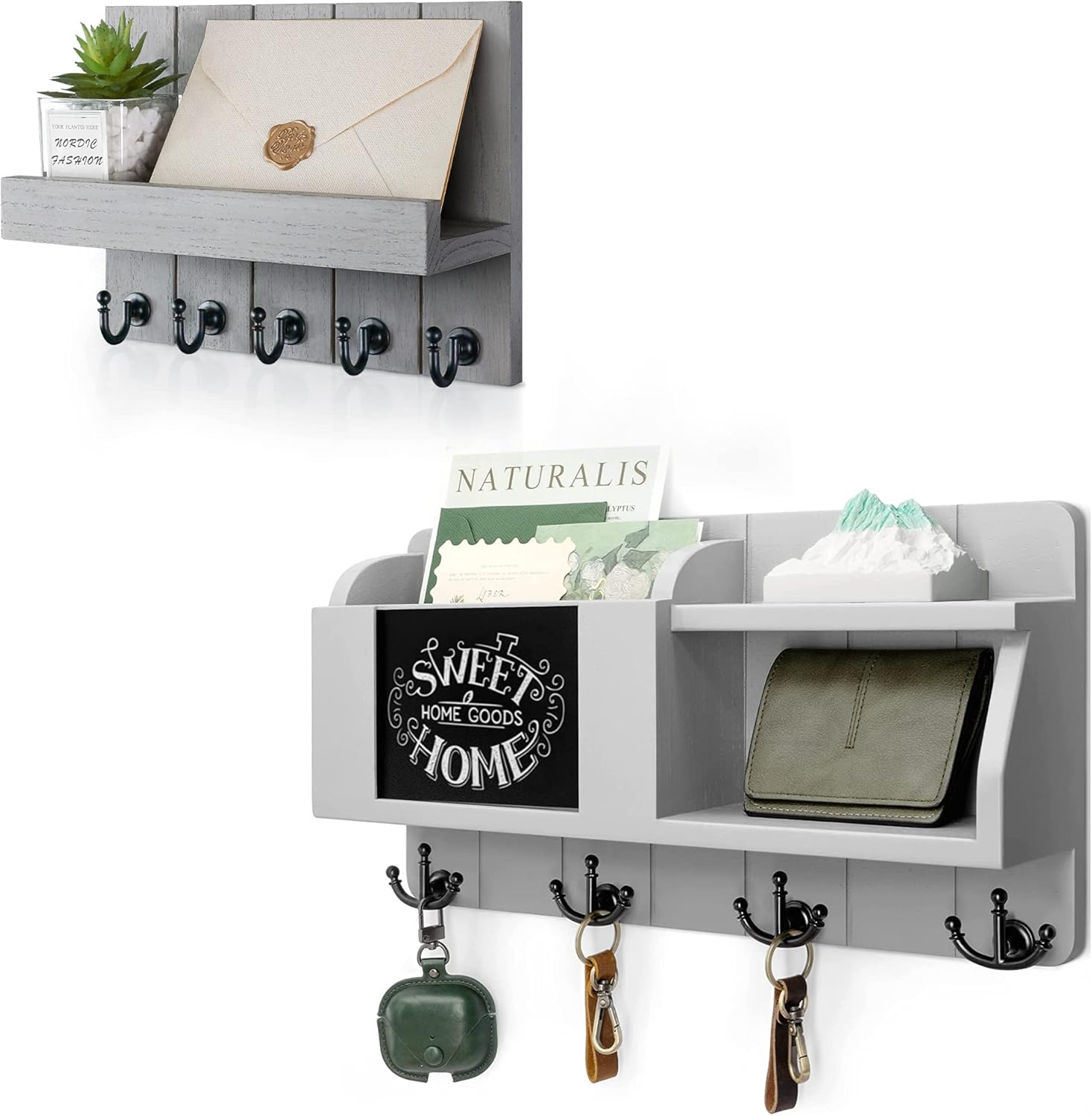 Rebee Vision Key Holder for Wall Set : 10" Key Rack with 5 Hooks & 16" Mail Organizer with Chalkboard and 4 Anchor Hooks for Home Apartment Entryway Decor - Grey