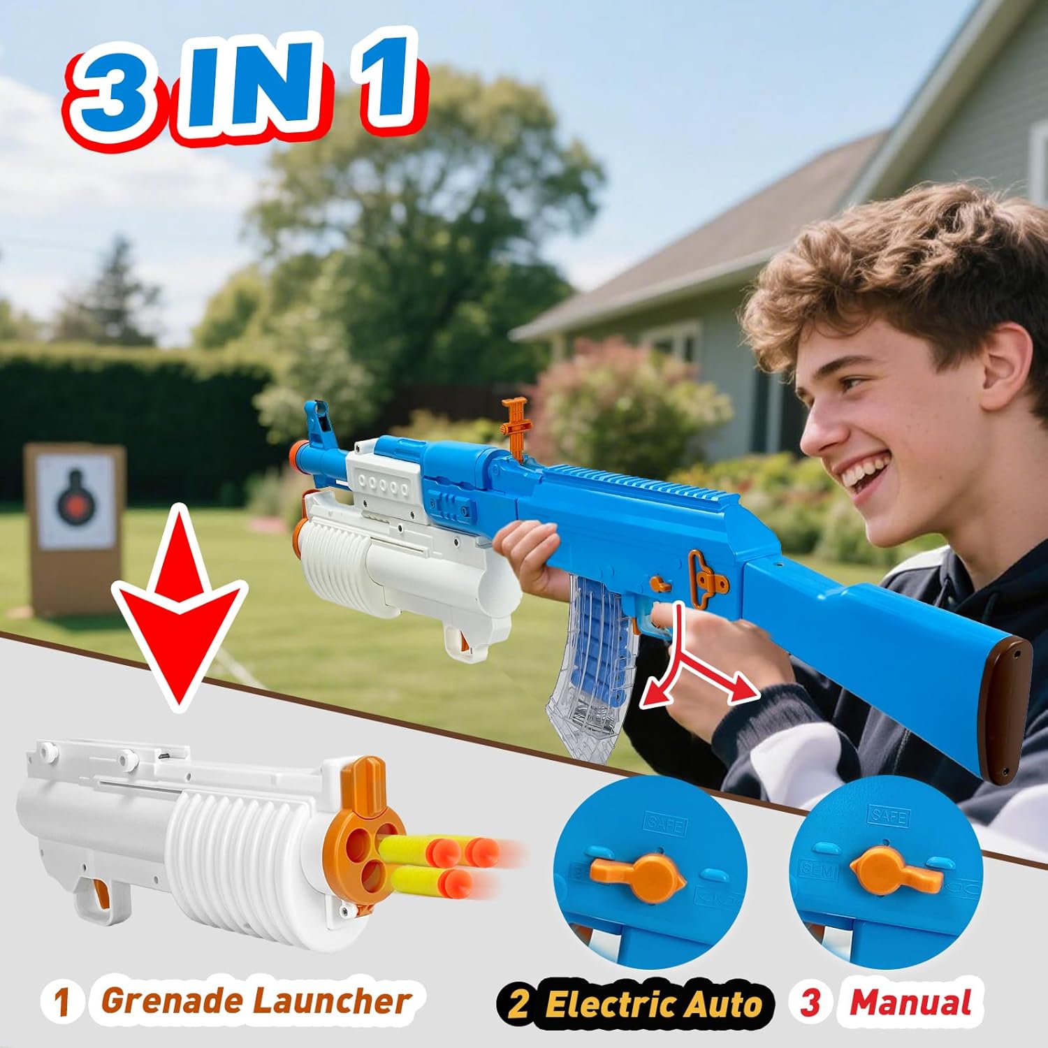 Soft Bullet Toy Gun Rifle, Semi-Auto & Manual Modes with Shell Ejecting Action, AK-47 Foam Dart Launcher Toy Blaster, Outdoor Party Games Christmas Birthday Gift for Teens 14+ (Blue)