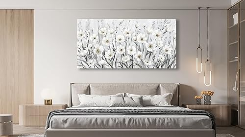 Miniatura 4 de arteWOODS Lienzo decorativo para pared, diseño de flores silvestres grises y blancas, decoración de pared, pintura botánica, obras de arte elegantes