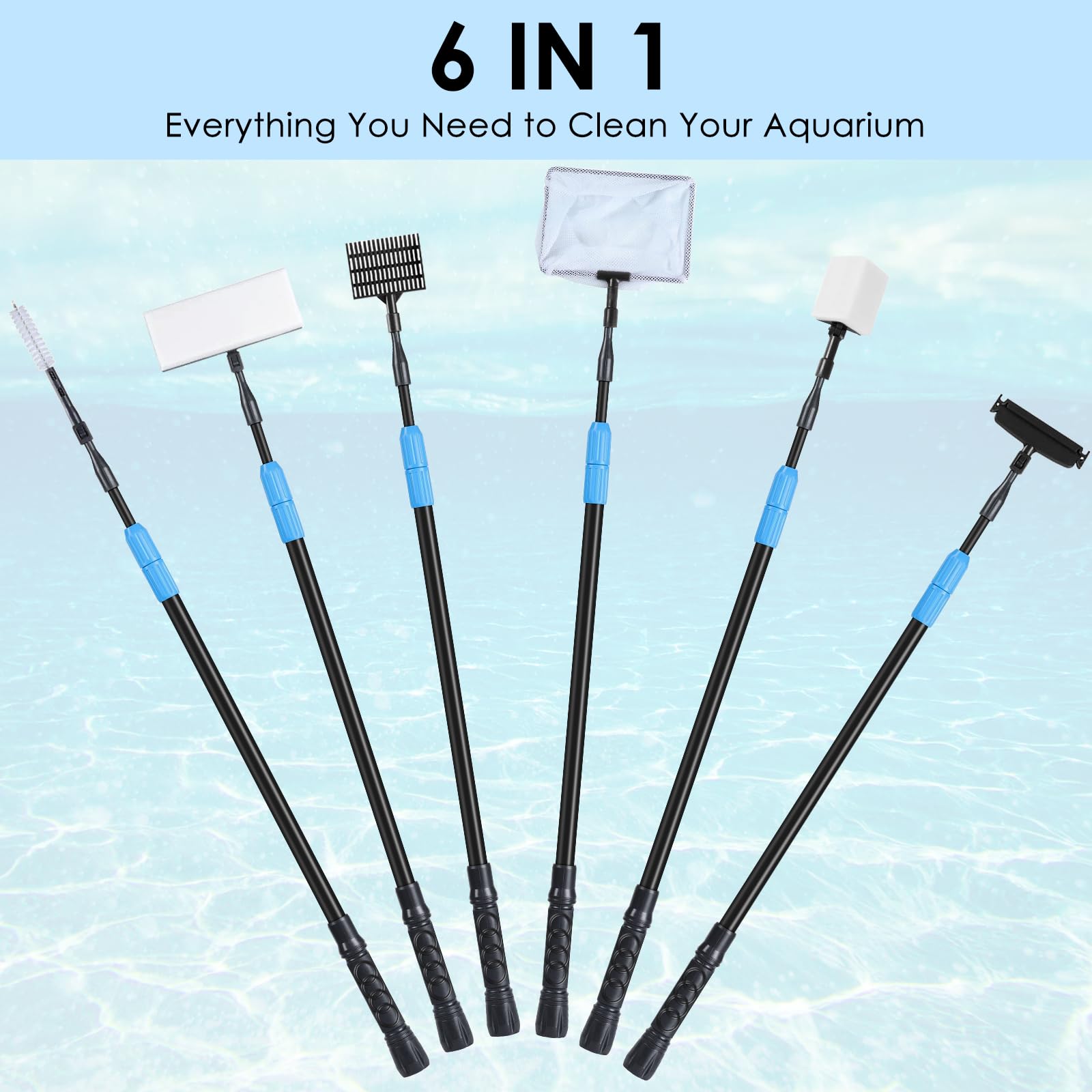 AquaMiracle Kit 6 in 1 multifunzione per la pulizia dell'acquario con manico telescopico in fibra di carbonio, raschietto per alghe, dischetti per la pulizia, pulizia del tubo, rete per pesci e ghiaia