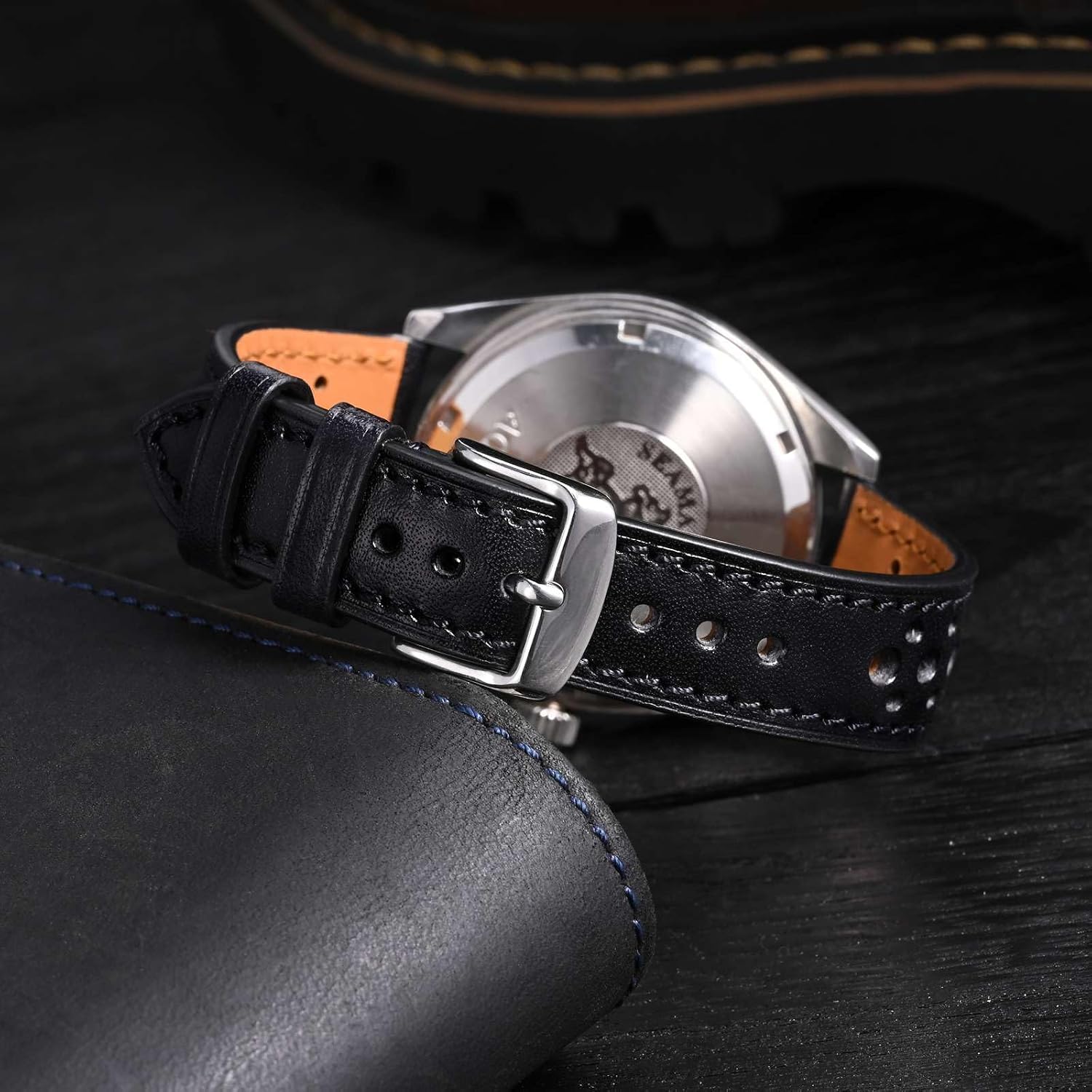 Anbeer Perforated Genuine Leather Watch Band,18mm 20mm 22mm Luxurious Gloss Replacement Watch Strap for Men and Women
