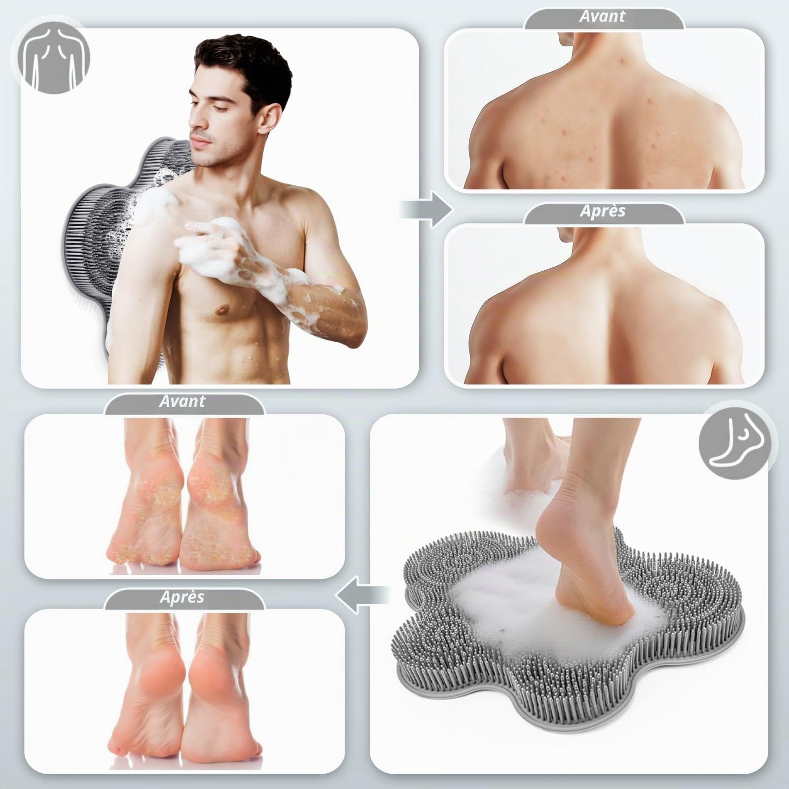 Tapis de Nettoyage des Pieds pour Douche, 14,2 * 11,2 Pouces Tapis de Douche en Silicone pour récurage des Pieds, Soin des Pieds Brosse antidérapante avec ventouses, Nettoyage en