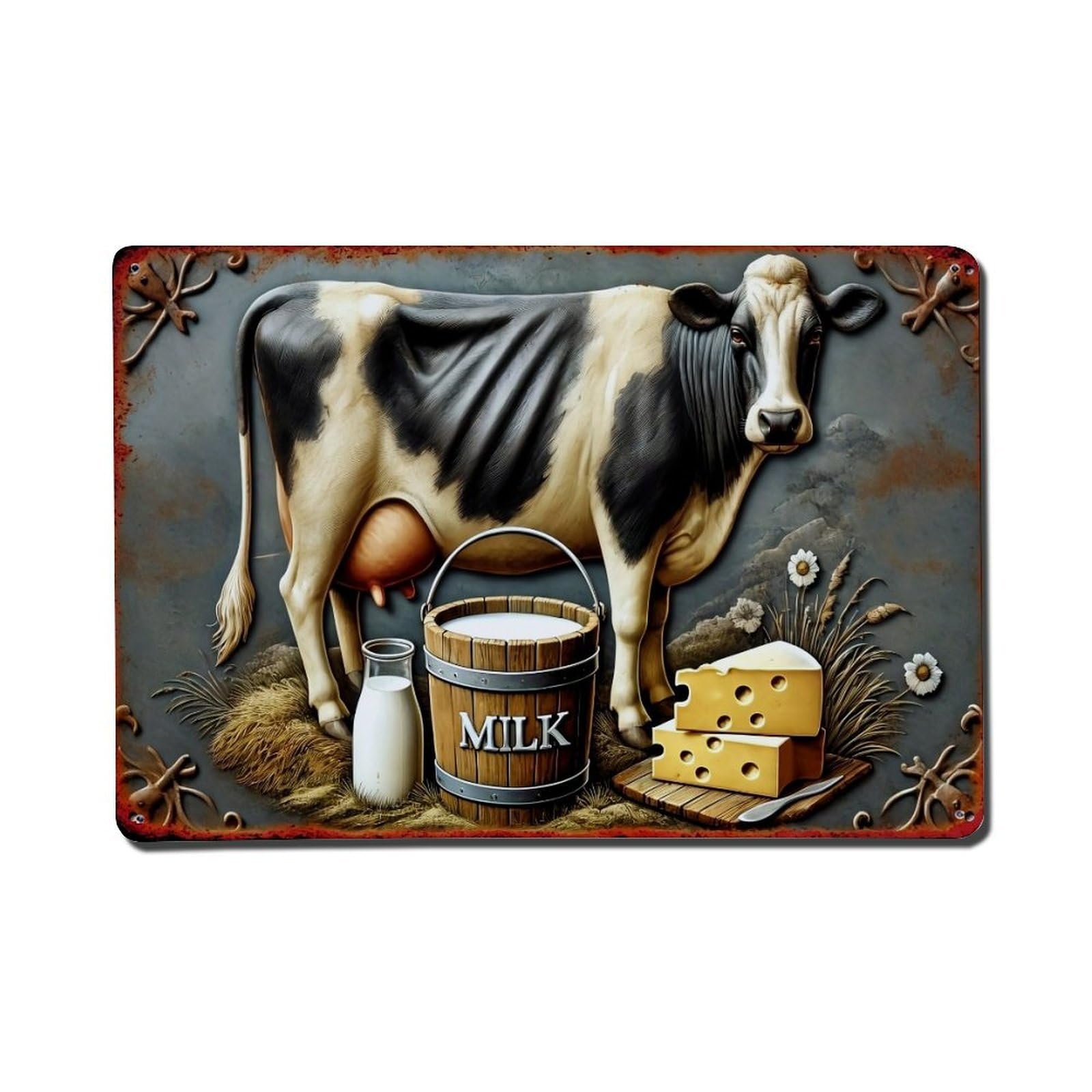 Cow Milk Cheese Bucket Hay Vintage Tin Sign Retro Metal Wall Decor Metal Poster, Home Bar Garage Farmhouse Cafe Wall Art Decoration 8x12Inches