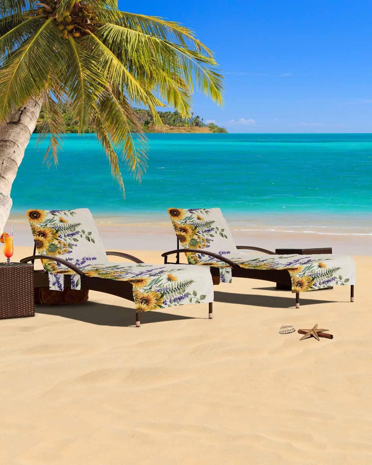 Farm Flowers Beach Pool Patio Lounge Chaise Chair Cover Towel With Pockets,Absorbent & Quick Dry Microfiber Towel Cover Bag Summer Accessories for Sunbathing Vintage Sunflower Lavender Eucalyptus Leaf