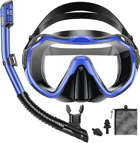 PIYAZI Equipo de esnórquel para adultos, máscara panorámica de visión amplia y juego de esnórquel con parte superior seca, paquete de buceo de
