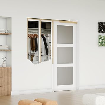 30 in. x 80 in. Sliding Pocket Door, 3-Lite Frosted Glass Interior Doors with Frame and Hardware Kit Set, White Primed - Easy Assembly