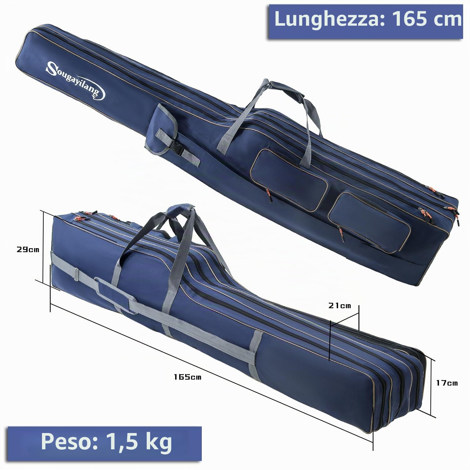 Sougayilang Borsa Porta Canne da Pesca Pieghevole - 3 Strati di Grande Capacità per Attrezzatura da Pesca - 135/165cm, 165 cm, Pratico