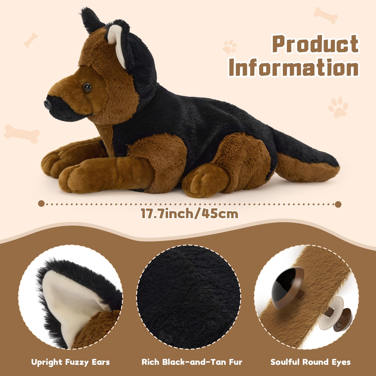 MorisMos Big German Shepherd Dog Teddy Soft Toy, 45cm Mom Dog with 3 Cuddly Baby Inside, Lifelike Brown Dog Stuffed Animal Plush Cuddly, Kawaii Presents for Kids Birthday Party Decorations — view 2