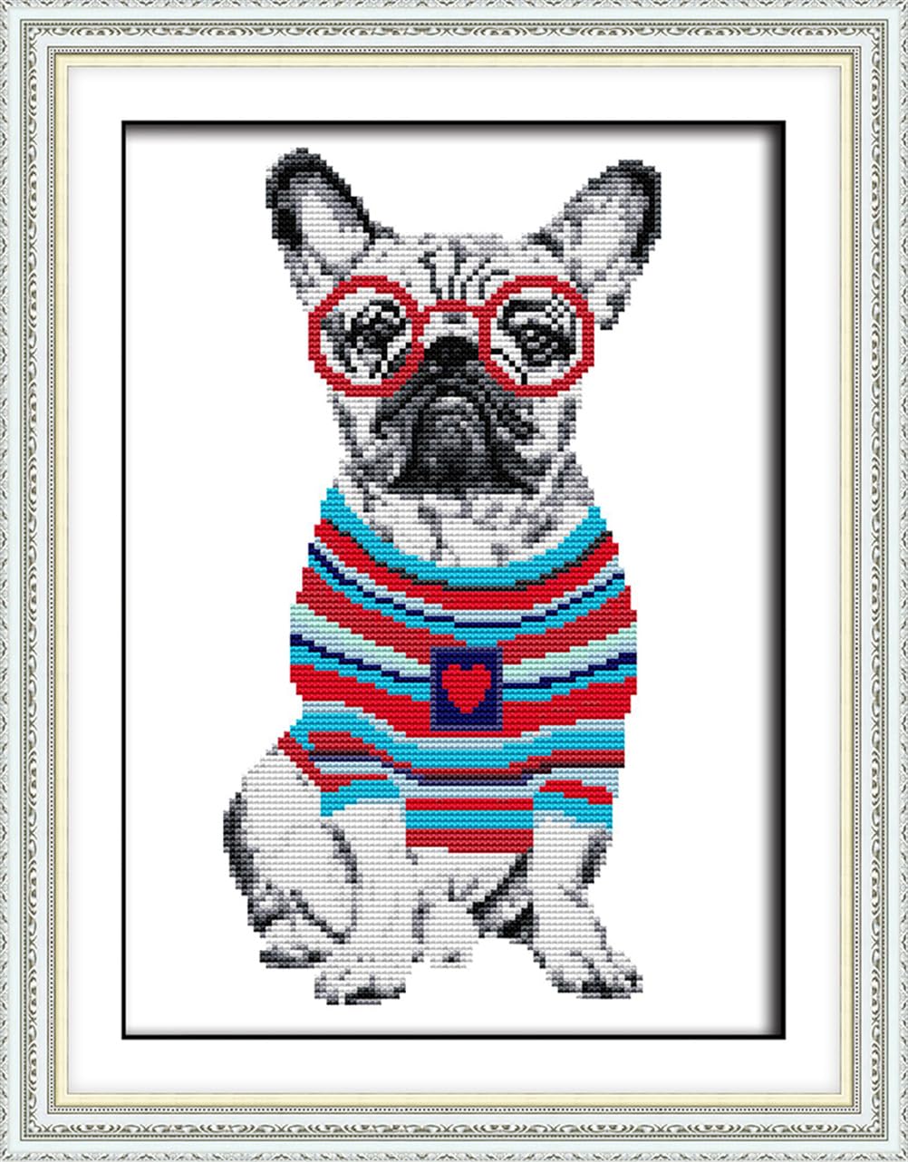 Meecaa Cross Stitch Kits 14 Count Stamped, Bulldog Dog Animal Embroidery Kit with Accessories Pre Printed（27×34cm (Bulldog)