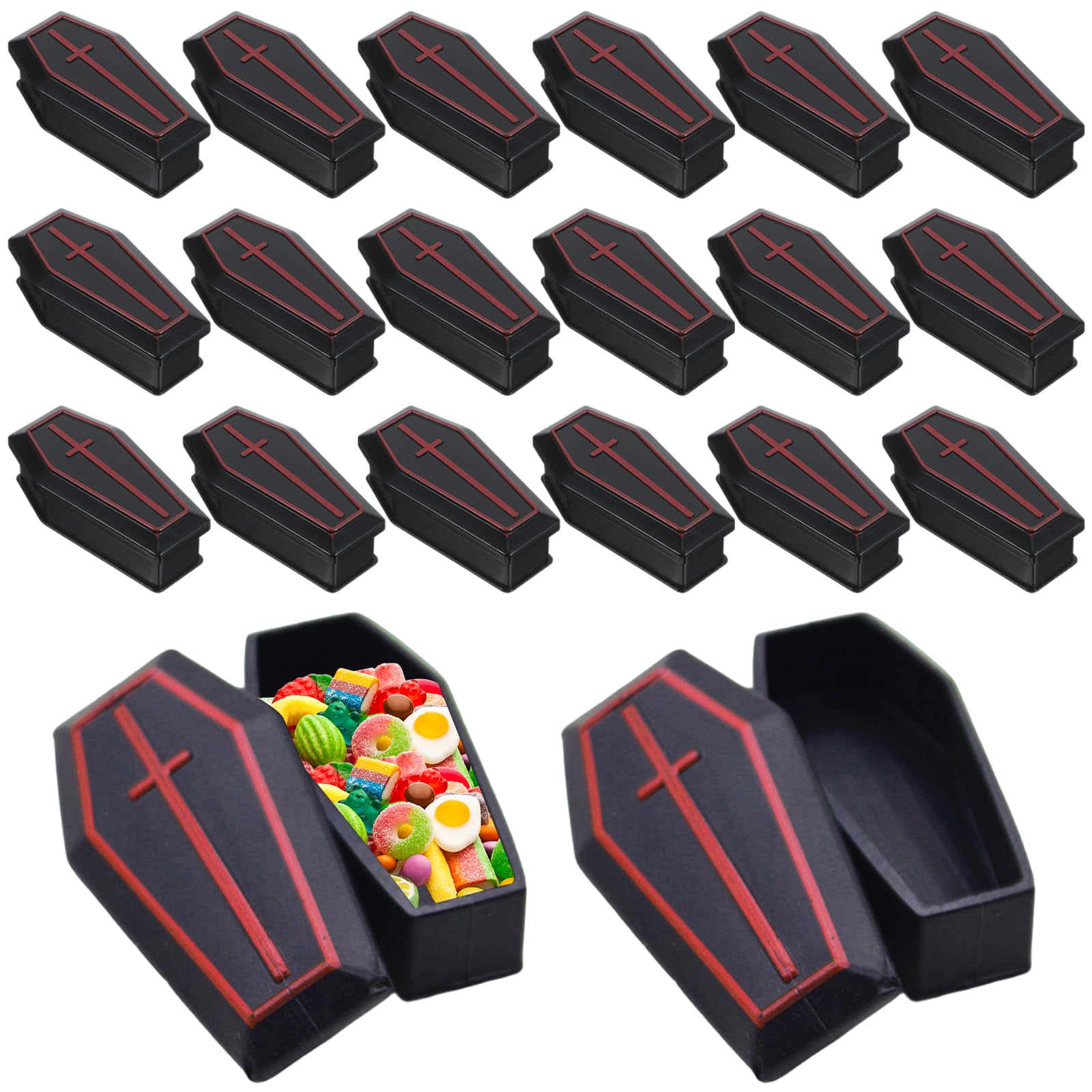 Entartay 20Pcs Coffin Mini Classic Plastic Black Coffin Box Halloween Props for Trick or Treat Indoor Outdoor, 3x1.6x1 inch