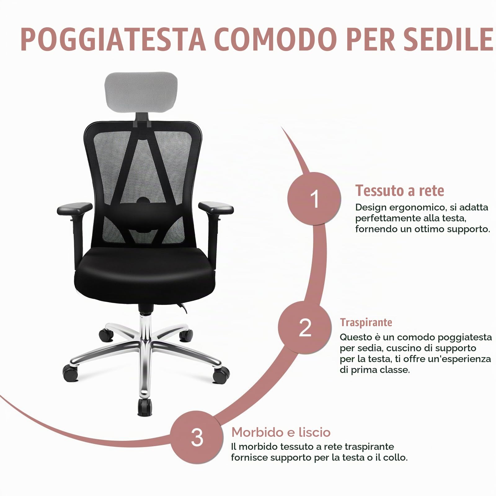 MAGICLULU 1 Set Poggiatesta Regolabile Per Sedia Da Ufficio, Cuscino Per Testa E Collo, Facile Da Montare, Supporto Ergonomico, Regolabili, Per Casa E Ufficio, Argento Grigio (Cornic