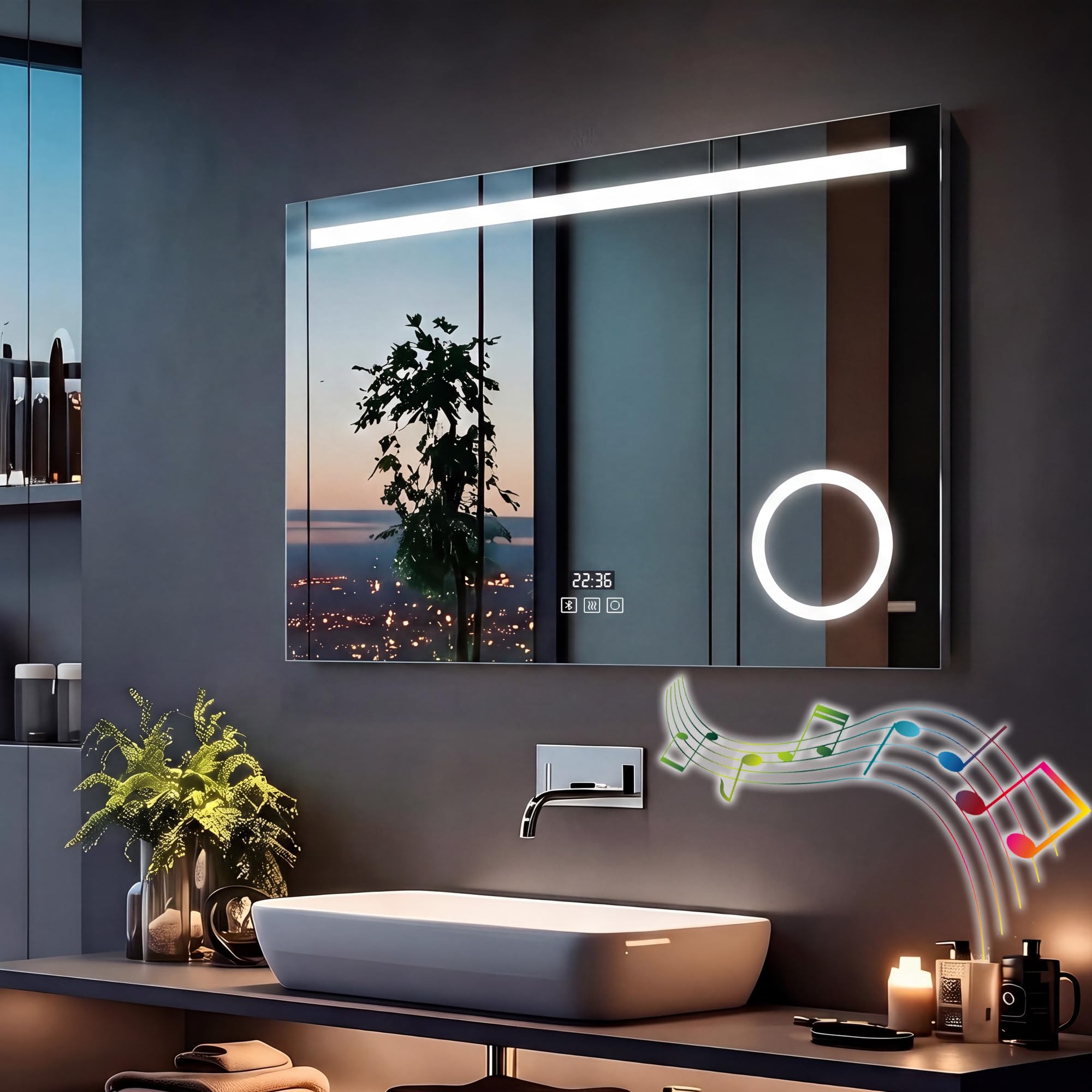 MIQU Miroir de Salle Bain Bluetooth avec éclairage 120 x 80 cm Grand Miroir Mural LED avec Prise de Courant, Dimmable en 3 Couleurs, Grossissant 3X, Horloge, Anti-buée, Interrupteur Tactile