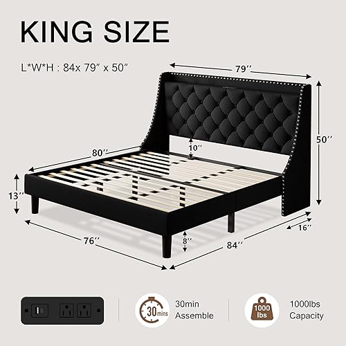 Miniatura 29 de Base de cama tamaño Queen con cabecero de almacenamiento capitoné con botones en la parte trasera y puertos tipo CA, plataforma tapizada, soporte de