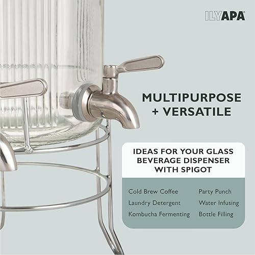 Miniatura 3 de Ilyapa Dispensadores de bebidas de vidrio para fiestas con soporte, paquete de 2, 1.5 galones para agua helada, limonada, jugo, sangría y torre de