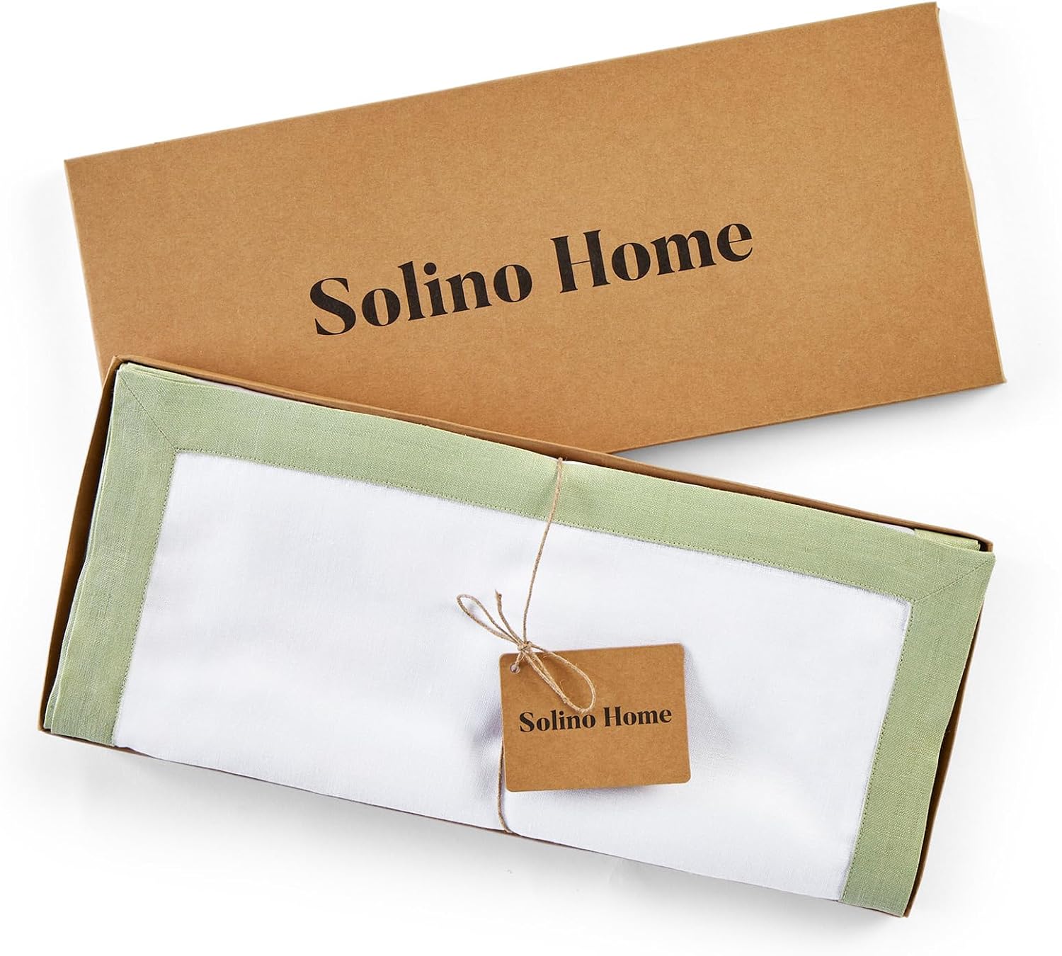 Solino Home Linen Table Runner 120 Inches Long - 100% Pure Linen Sage Green and White Dining Table Runner 14 x 120 Inch for Spring, Summer, Mothers Day - Classic