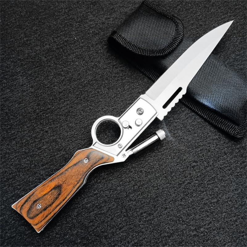 Miniatura 9 de AK47 - Cuchillo plegable de bolsillo con bloqueo de botón, hoja de acero inoxidable, mango de madera y clip de bolsillo, cuchillo de luz LED