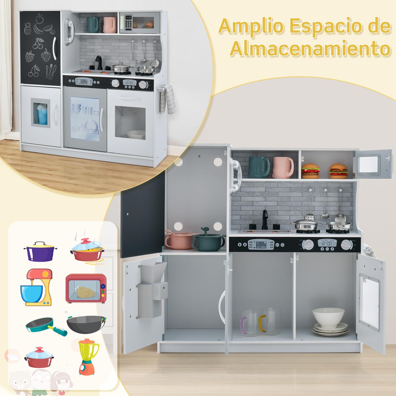 RELAX4LIFE Cocina Juguete con Pizarra, Sonidos Reales, Teléfono, Estufas, Lavavajillas, Máquina de Hielo y Horno, Cocinita Infantil con Accesorios Completos para Niños 3-6 Años (Blanco)