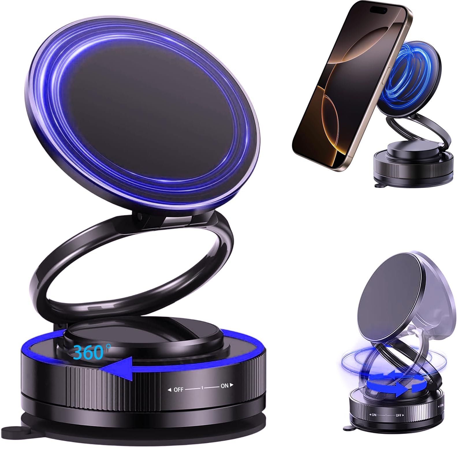 スマホホルダー 車載ホルダー マグネット【N55強力吸着&真空吸盤】スマホスタンド 折りたたみ式 iPhone&Android多機種と多車種対応 N55磁石 車載スマホホルダー カー用品 高級合金素材 360°回転式 軽量コンパクト 多角度自由調節 iPhone/Sony/Samsung/HUAWEI/Google/Android多機種と多車種対応...