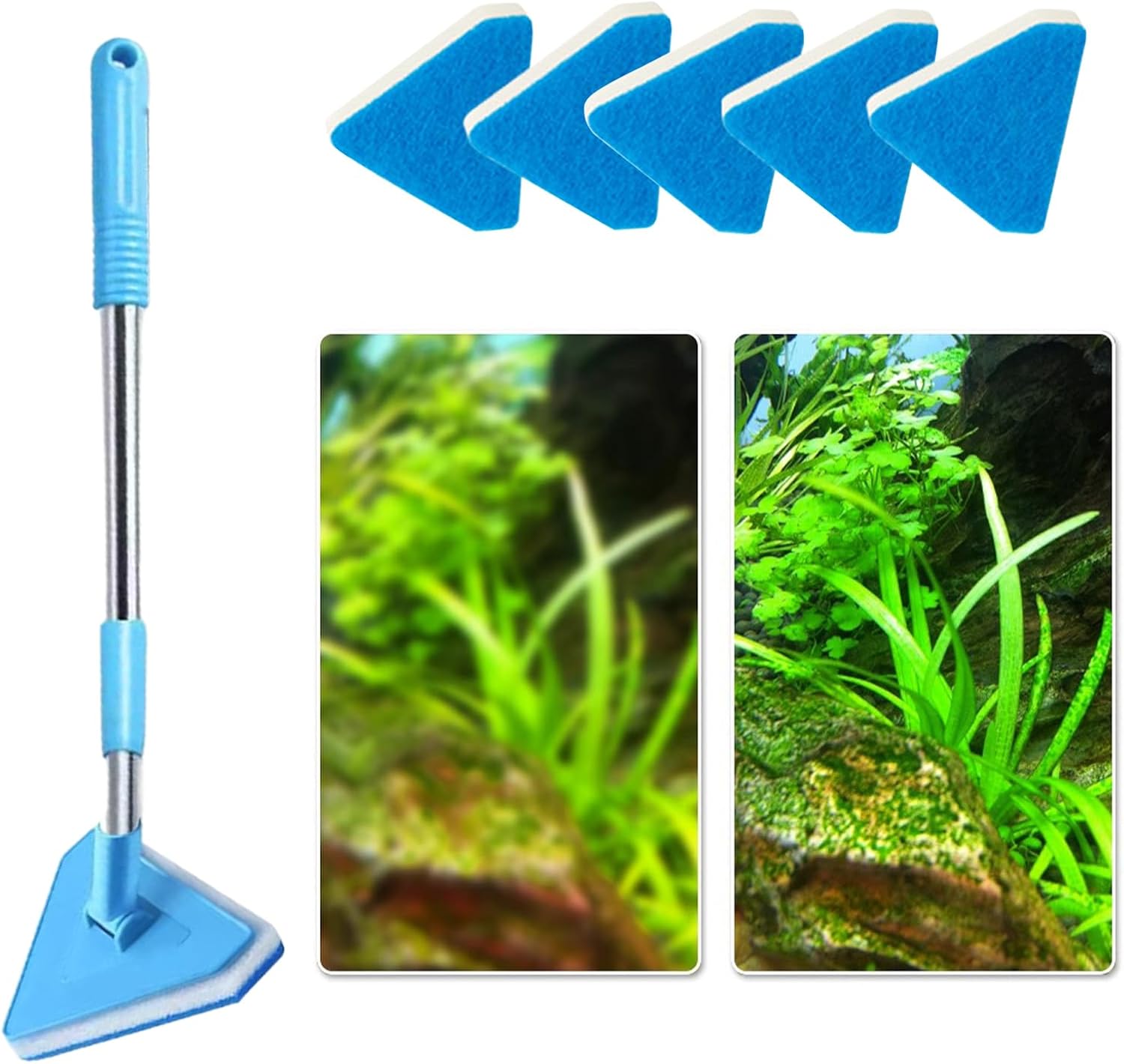 Aquarium Brush - Tank Cleaning Instrument, Long Handle Scraper Sponge System, Interchangeable Head Care, Glass Acrylic Wall Detail Tool, Pet Home Terrarium Pond Maintenance Usage