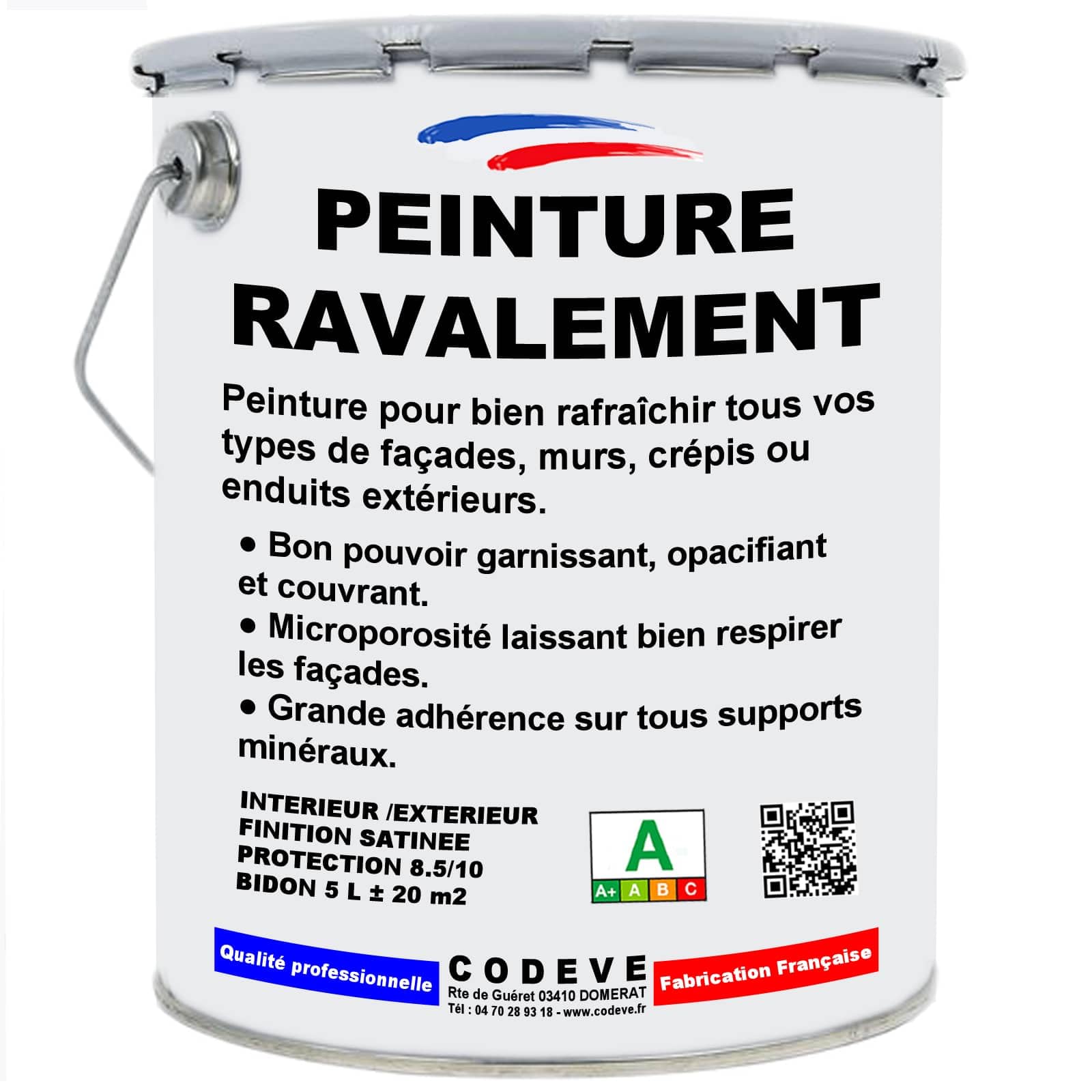 Peinture Ravalement - Codeve Bois/RAL 9010 - Blanc pur - 5L - Intérieur/extérieur - Pour La Protection De Votre Façade, Mur, Béton, Crépi Ou Enduit.