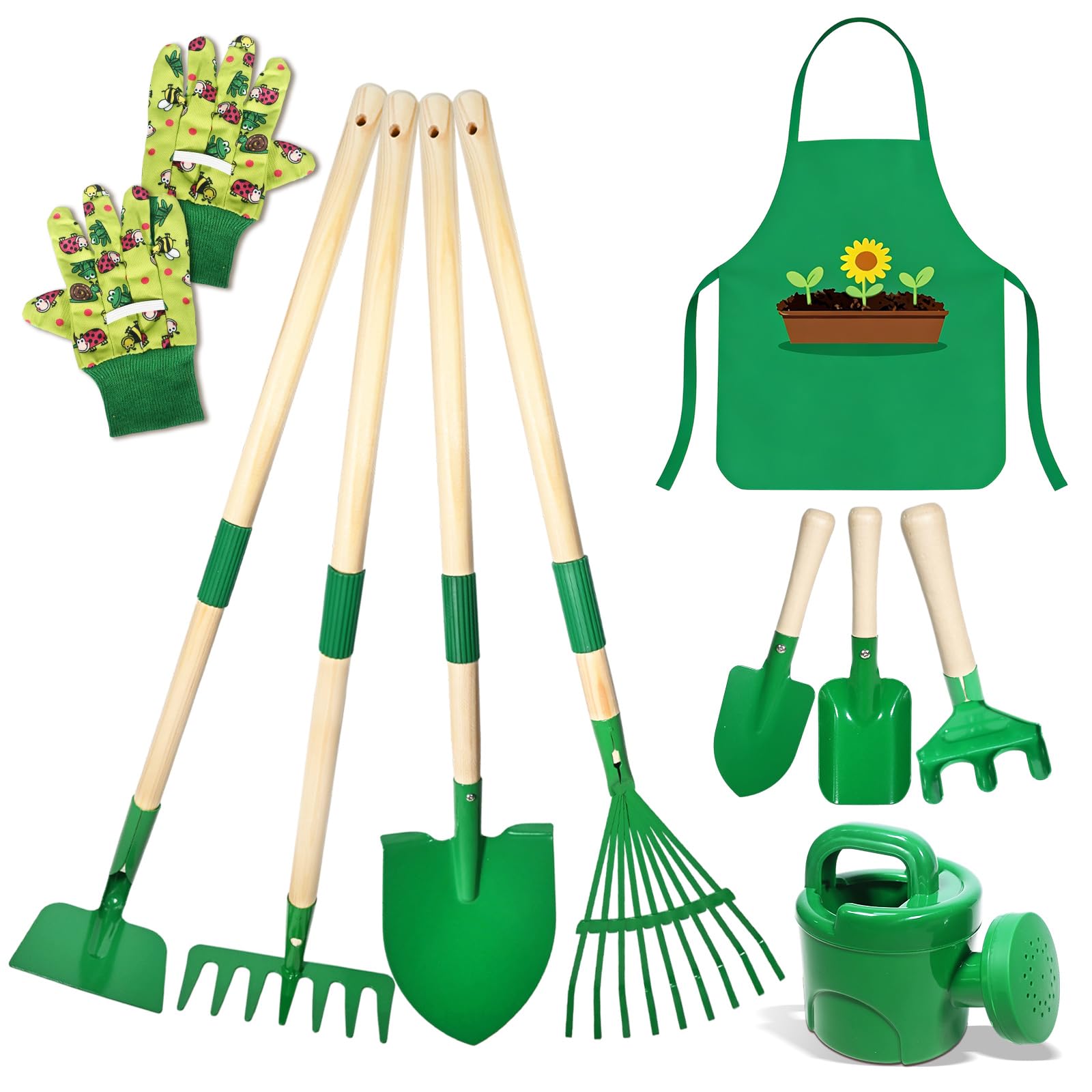 10 Stück Kinder Gartenwerkzeug Set, Metall Gartenwerkzeug Set mit Schaufel, Rechen, Gabel, Arbeitshandschuhen, Schürze, Gießkanne, Komplette Gartenset Spielzeug für Kinder Draußen Garten Hof Rasen (A)