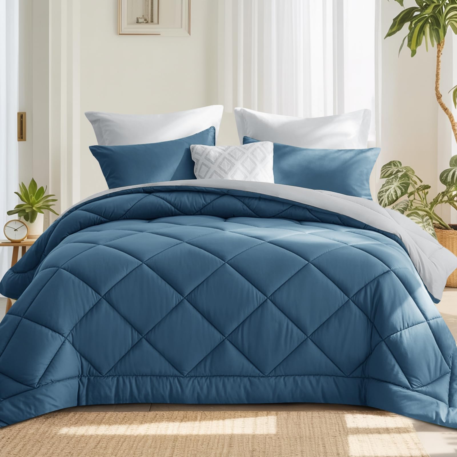 RUIKASI Coverless Duvet Double 10.5 Tog - Reversible Comforter with 2 Pillowcases, 200x200cm Quilt Lightweight and Warm All Season, Dusty Blue and Light Grey