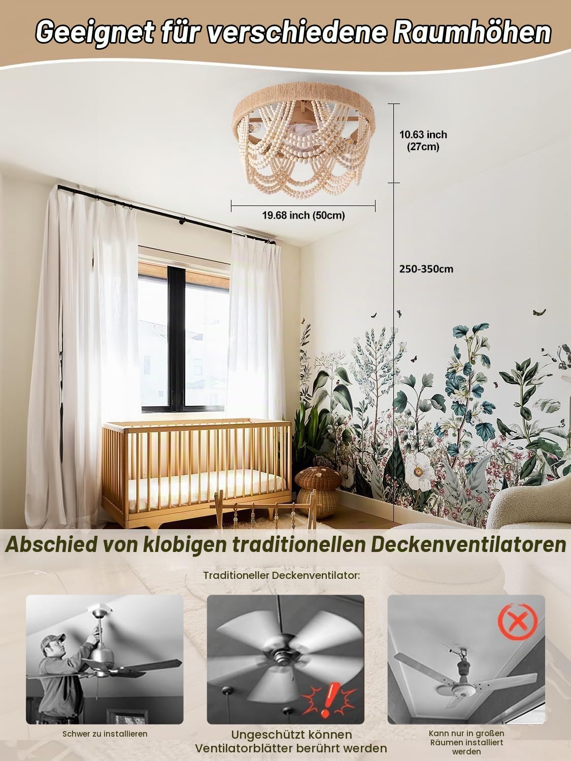 Boho Deckenventilator mit Licht bündige Montage Küstenperlen Fandelier Deckenventilatoren mit Lichtern und Fernbedienung geschlossener Käfig mit 6 Geschwindigkeiten Schlafzimmer Kinderzimmer