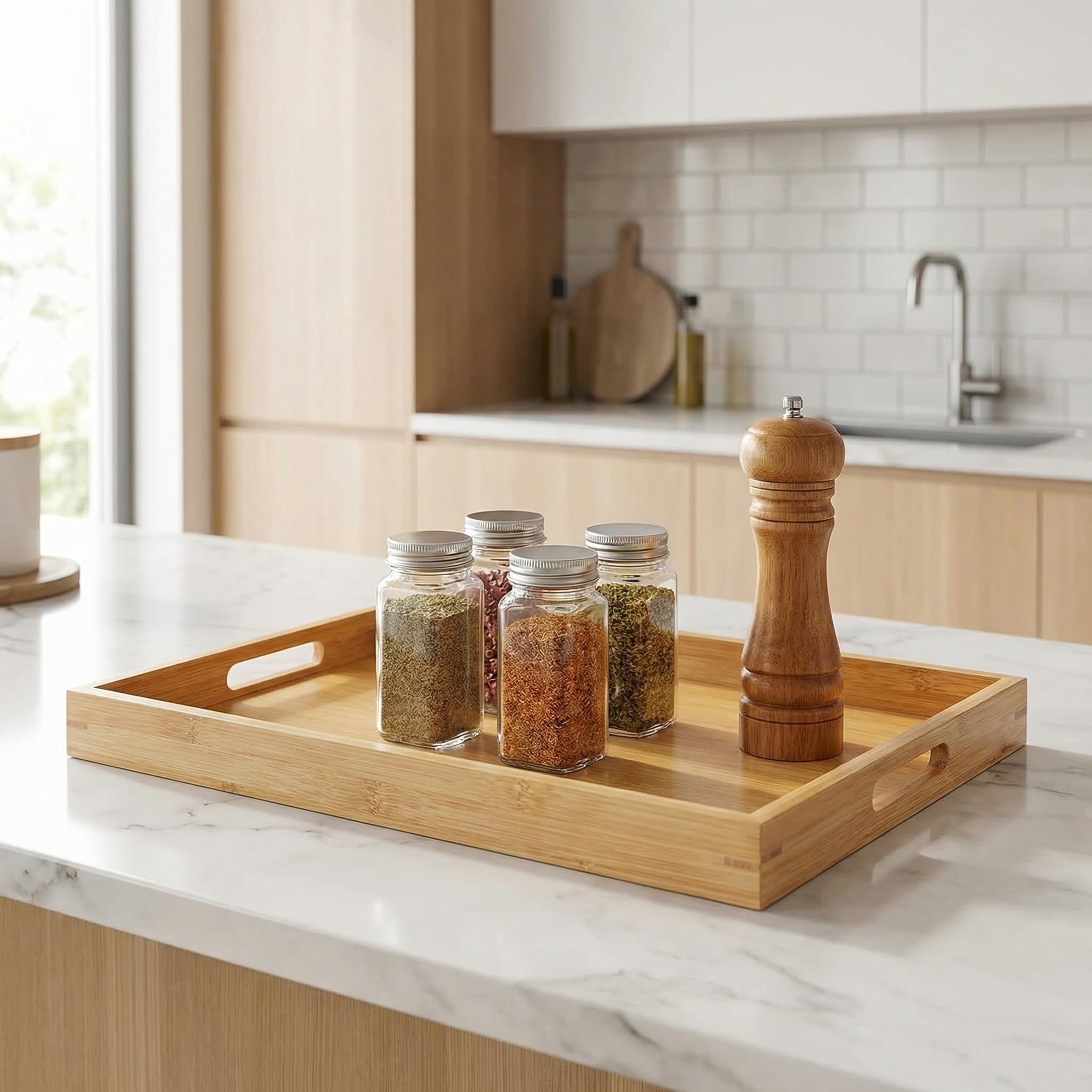 Set di 4 Vassoi da Portata in bambù da 45x33 Cm - Vassoio Rettangolare in Legno con Manici per caffè, tè, Colazione, Soggiorno, Cucina, Camera da Letto.
